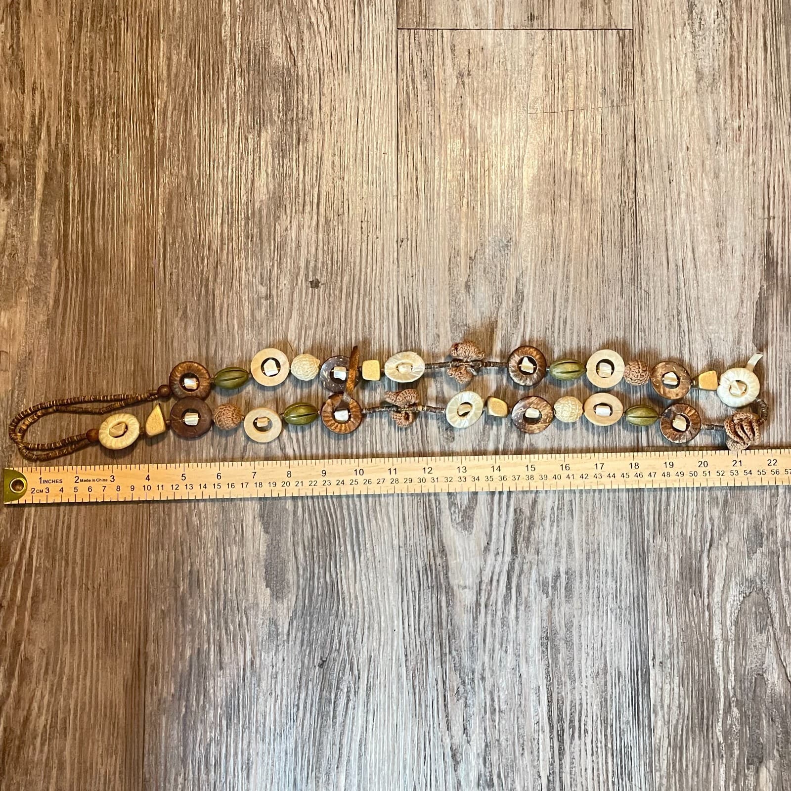 Vintage 90s Chunky Shell Knit Double Strand Wooden Beaded Necklace Jewelry - Thumbnail 7