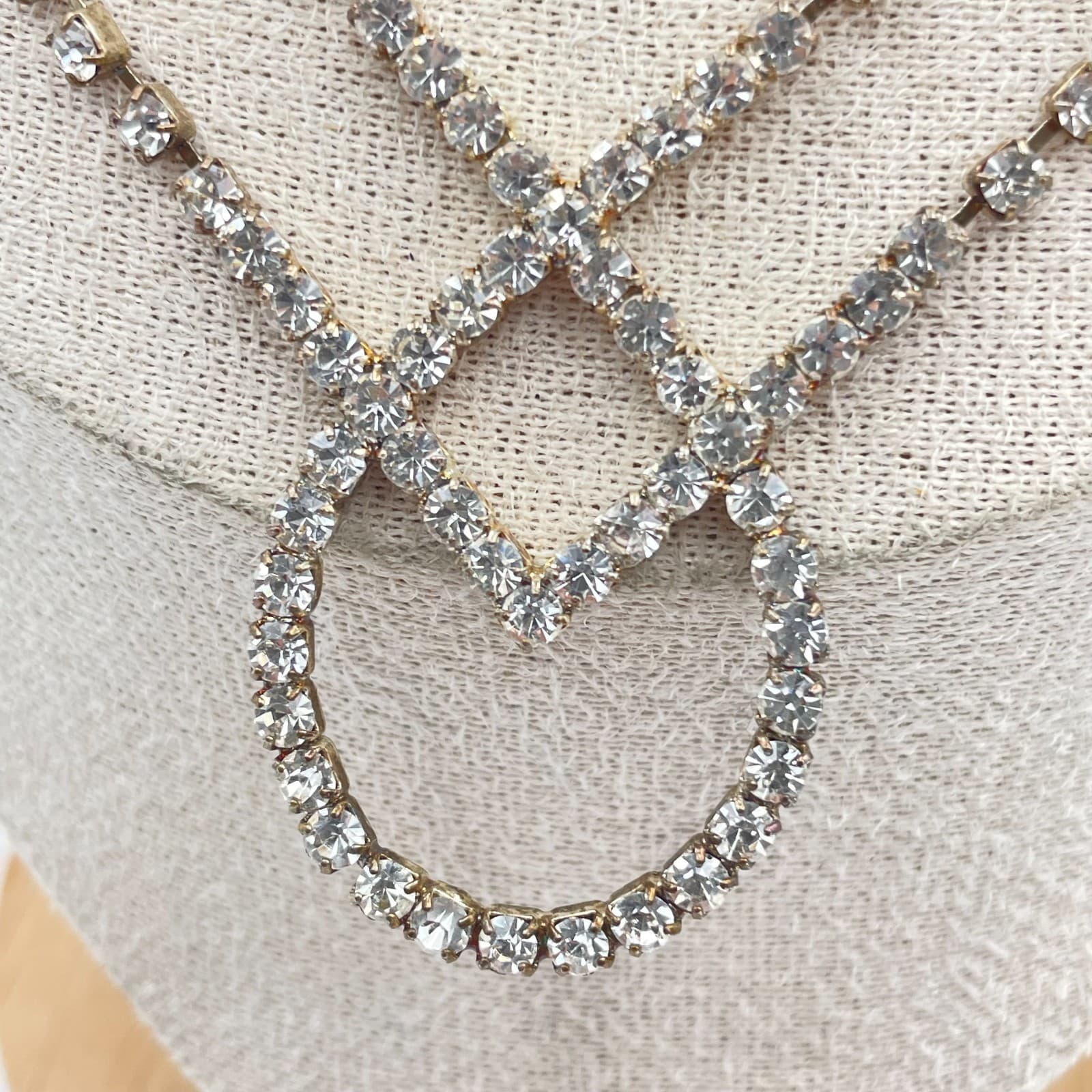 Vintage Gold Tone Rhinestone Layered Festoon Necklace Geometric Drop Statement - Thumbnail 4