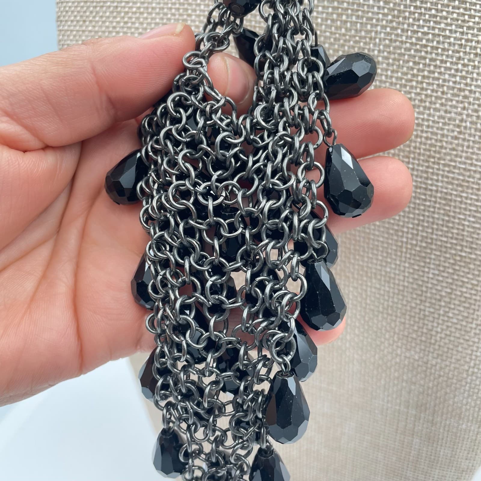 Vintage Black Bib Necklace Waterfall Teardrop Dangle Gunmetal Chain Statement - Thumbnail 7