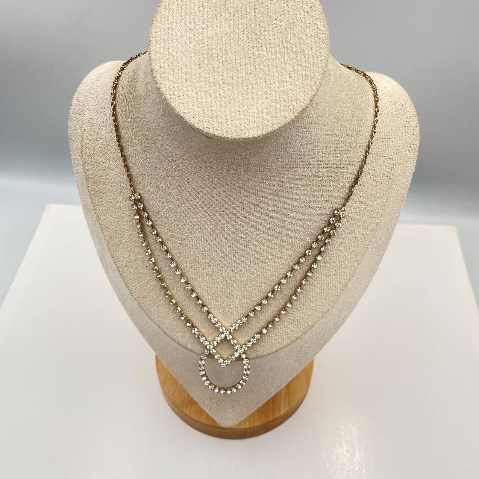 Vintage Gold Tone Rhinestone Layered Festoon Necklace Geometric Drop Statement - Image 1