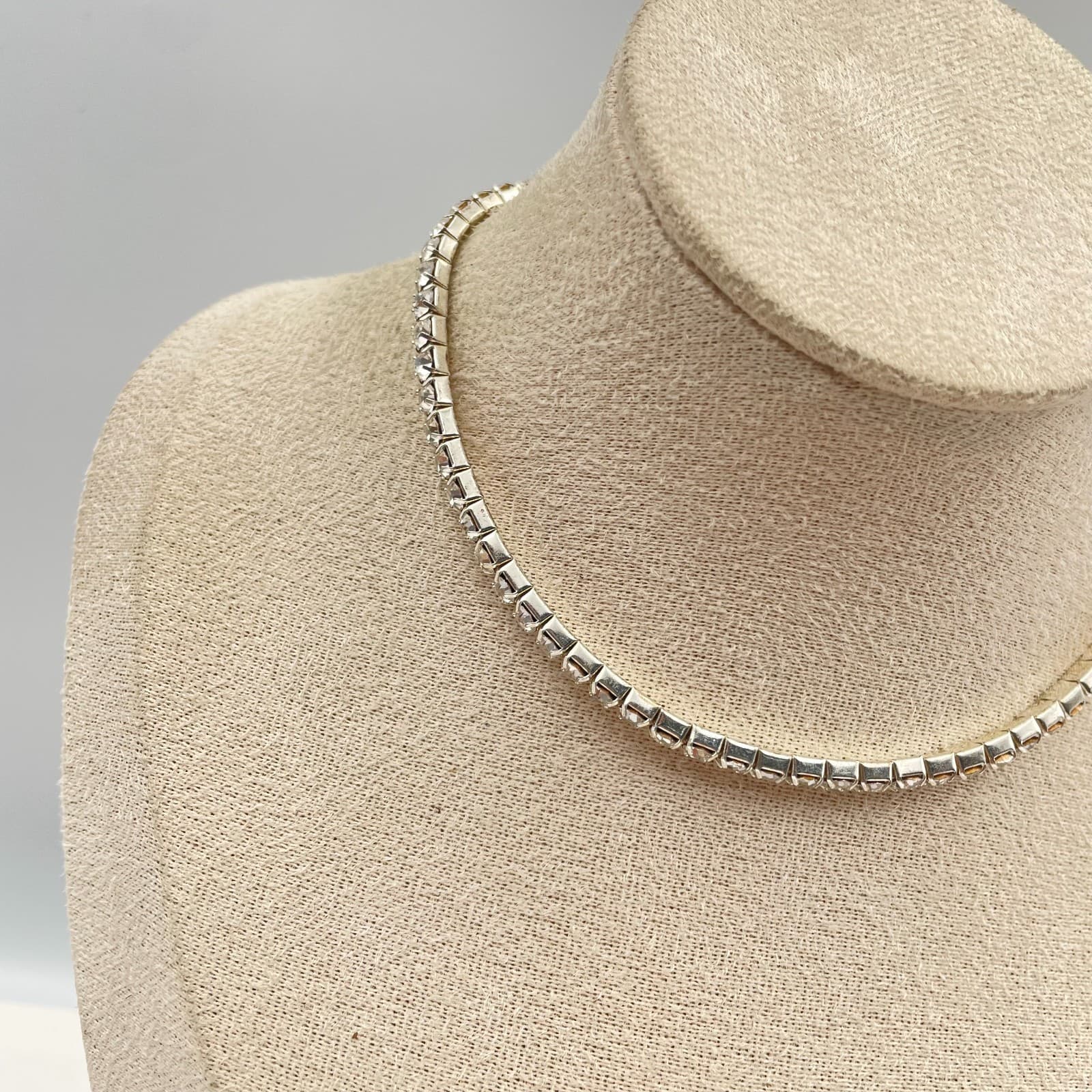 Vintage Claire's Bridal Tennis Choker Necklace Silver Tone Rhinestone Adjustable - Thumbnail 3