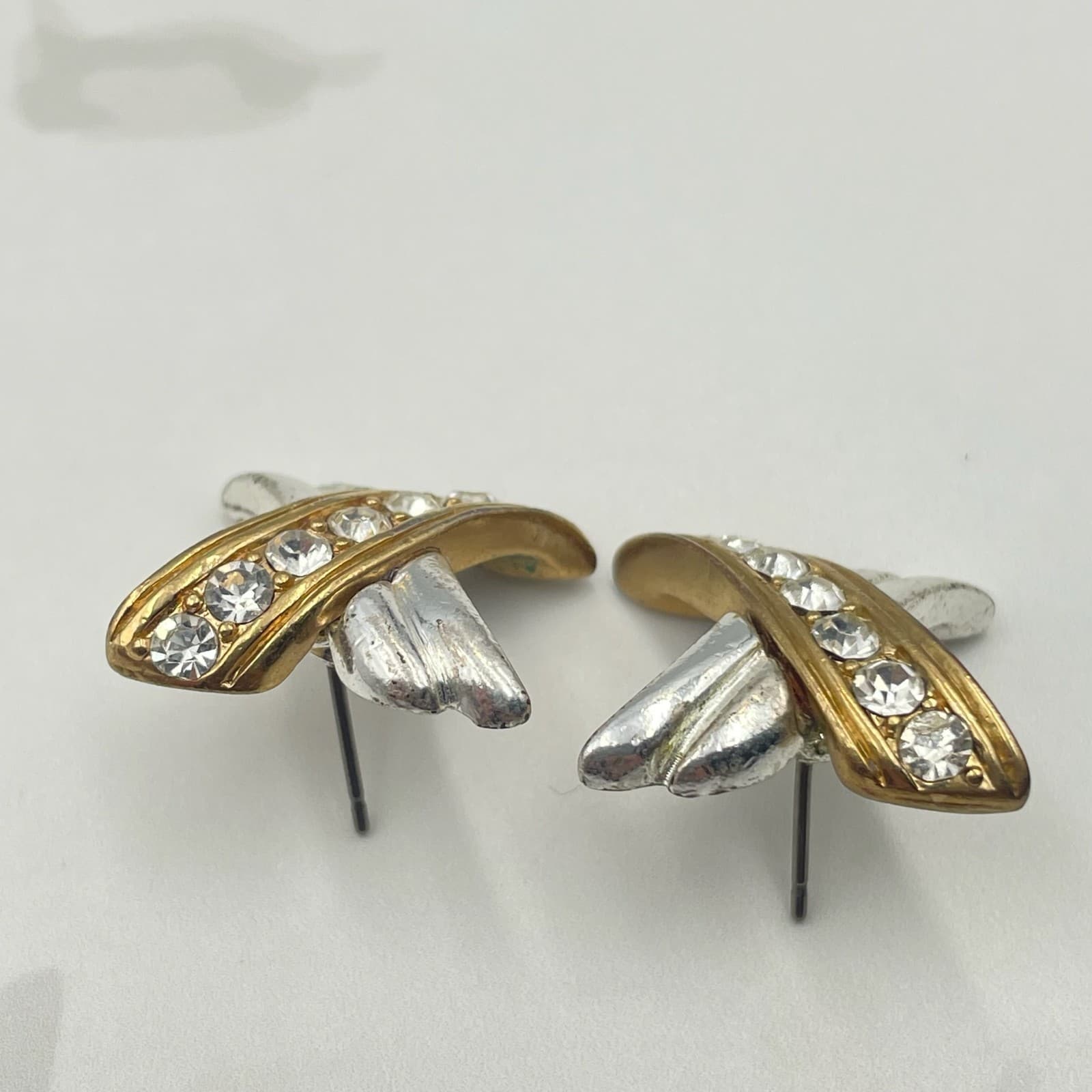 Vintage VTG Crisscross X Hugs Kisses Stud Earrings Two Tone Clear Rhinestone - Thumbnail 10