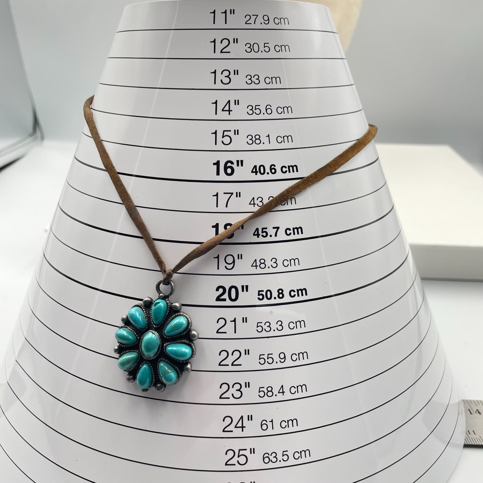 Vintage 90s Turquoise Glass Flower Pendant Brown Cord Necklace Boho Southwestern - Thumbnail 7