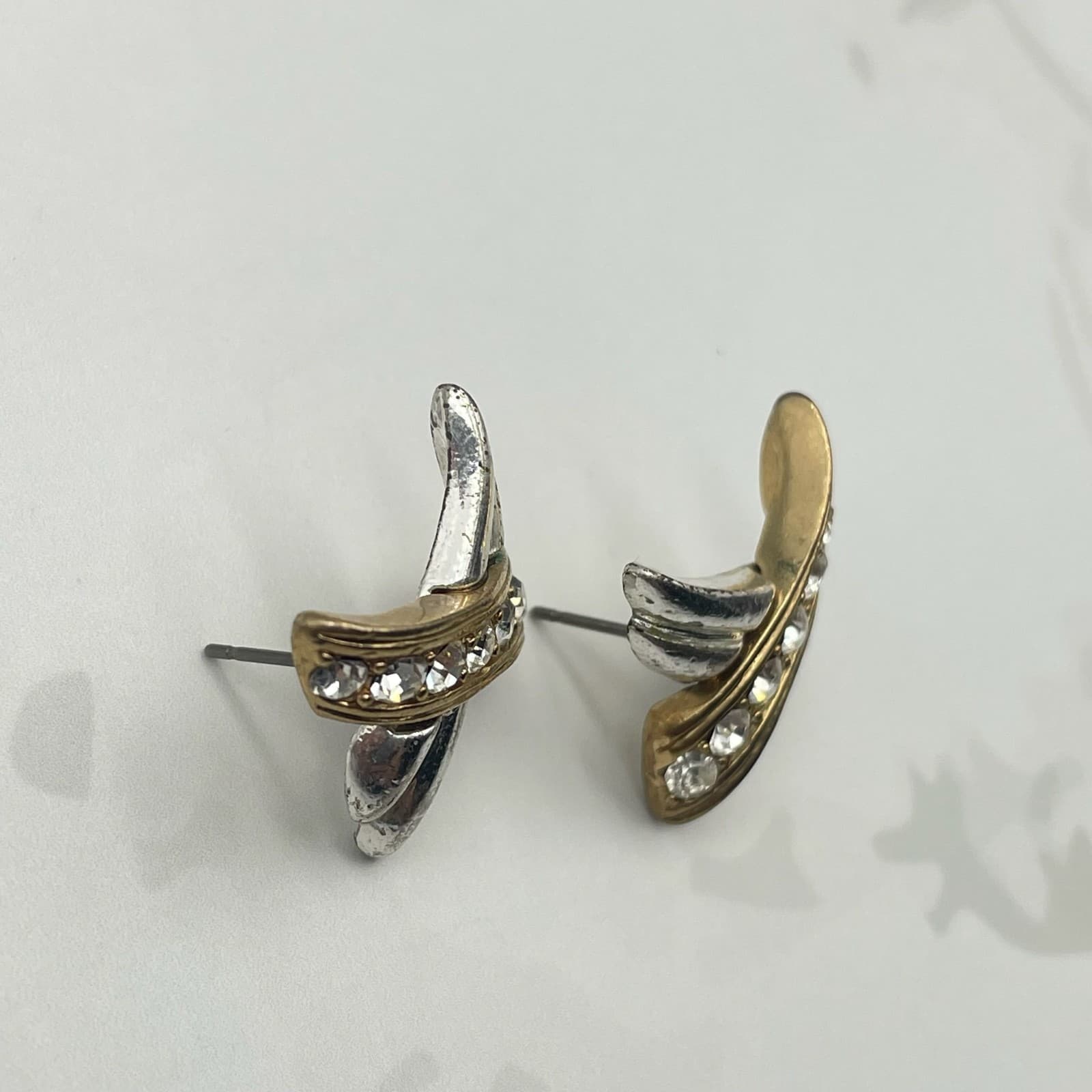 Vintage VTG Crisscross X Hugs Kisses Stud Earrings Two Tone Clear Rhinestone - Thumbnail 12