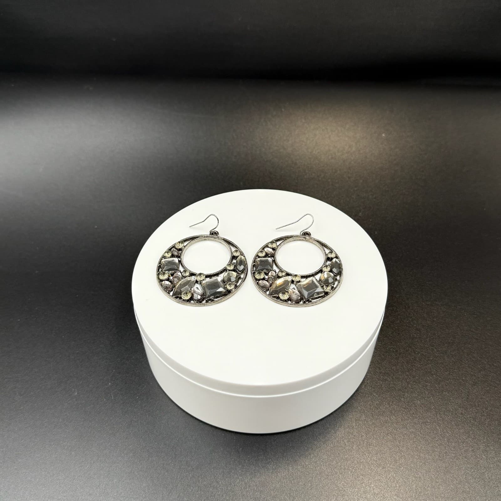 Vintage Gray Black Stones Silver-Toned Fashion Retro Drop Hoop Hook Earrings - Thumbnail 6