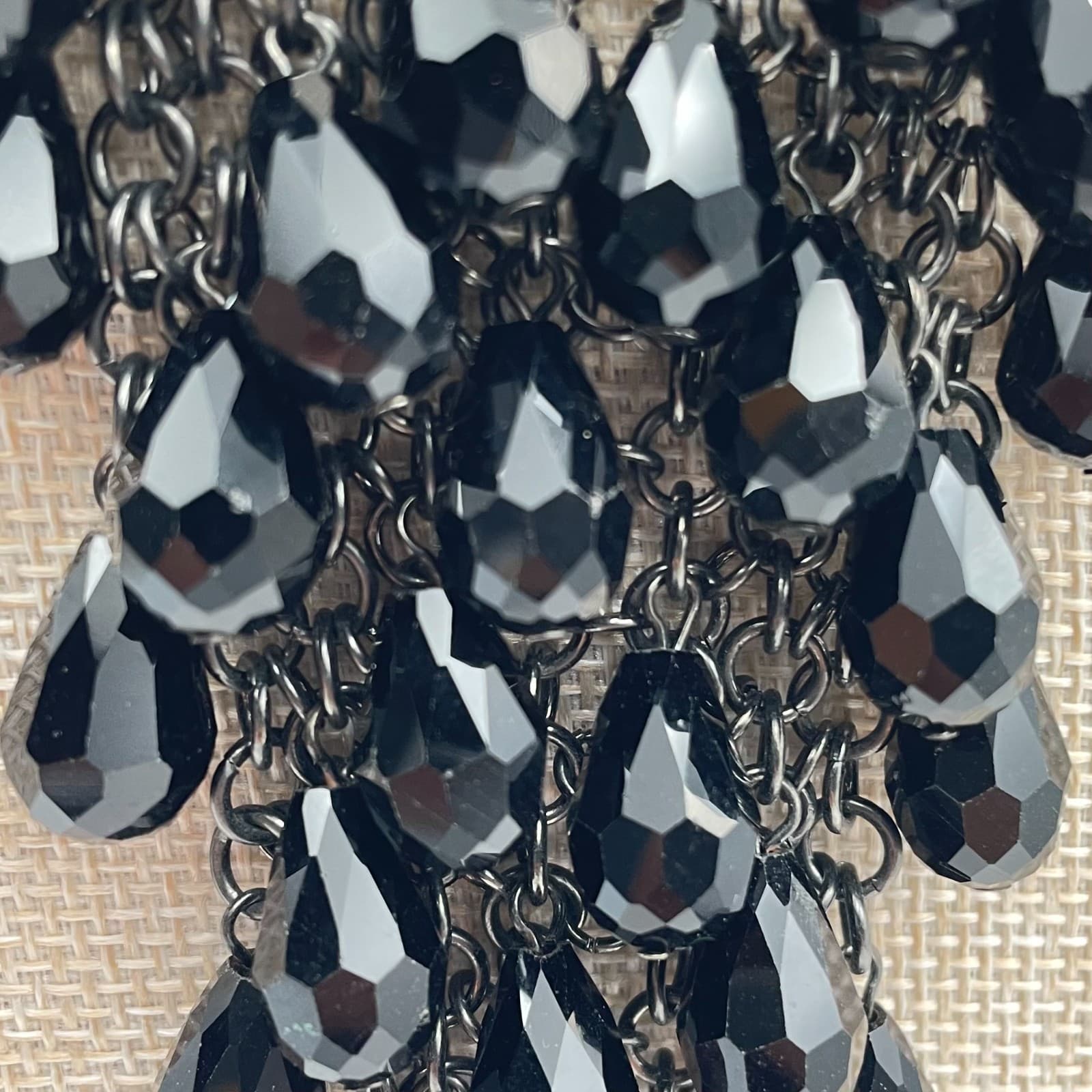 Vintage Black Bib Necklace Waterfall Teardrop Dangle Gunmetal Chain Statement - Thumbnail 5