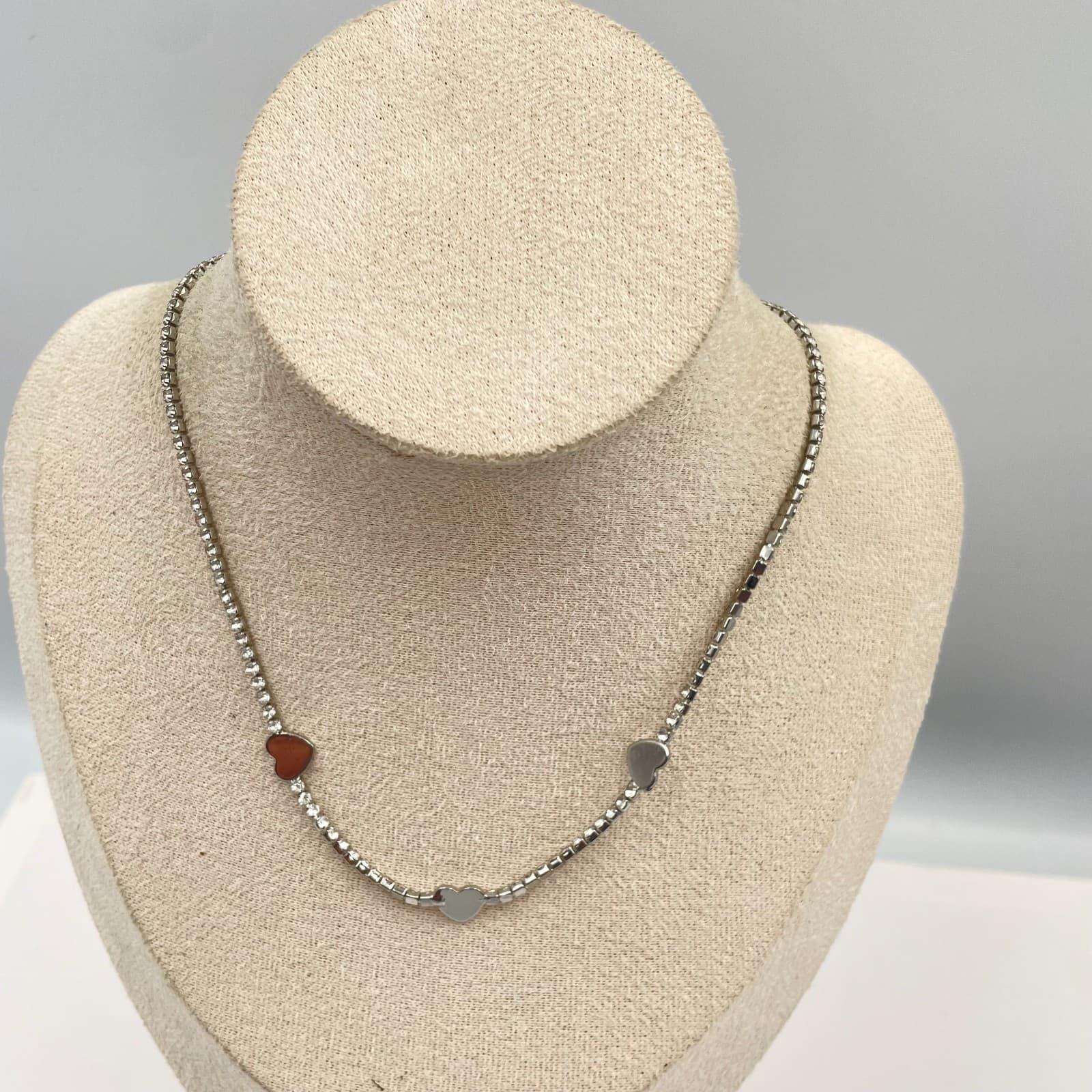 Vtg Silver Rhinestone Heart Tennis Necklace Choker Adjustable Crystal Prom Gift - Image 1