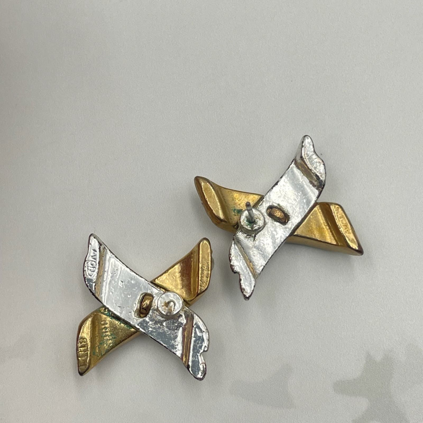 Vintage VTG Crisscross X Hugs Kisses Stud Earrings Two Tone Clear Rhinestone - Thumbnail 6