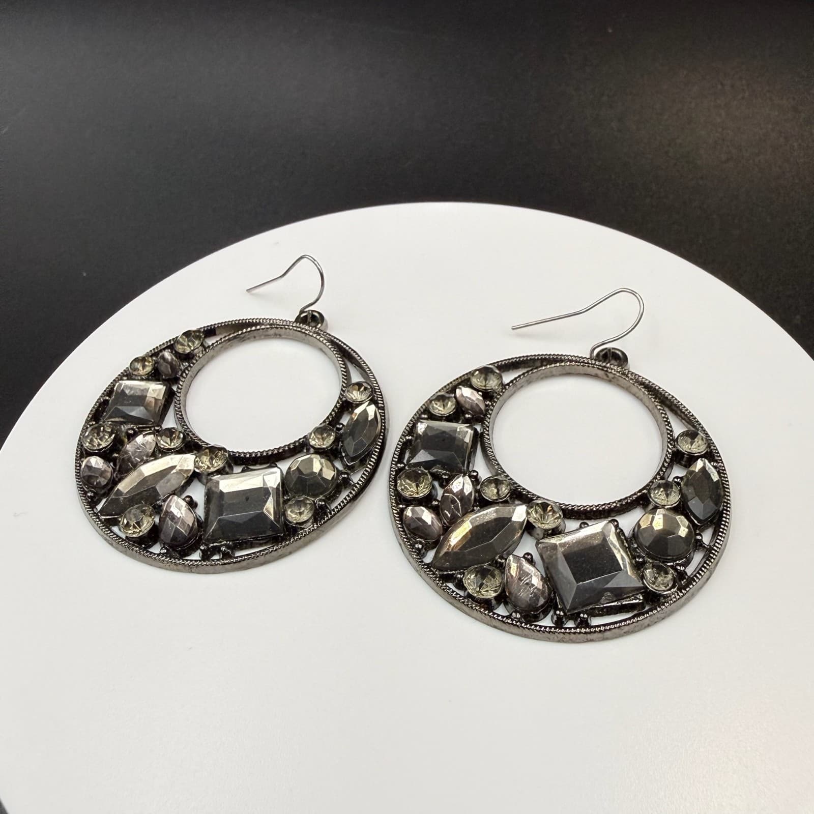 Vintage Gray Black Stones Silver-Toned Fashion Retro Drop Hoop Hook Earrings - Thumbnail 7