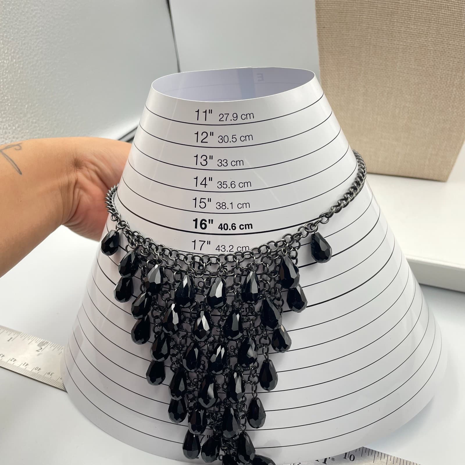 Vintage Black Bib Necklace Waterfall Teardrop Dangle Gunmetal Chain Statement - Thumbnail 8
