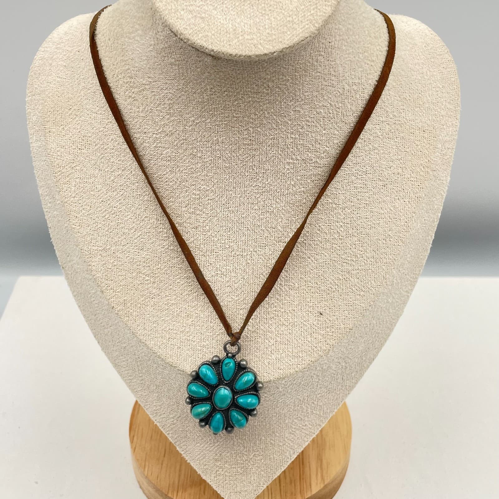 Vintage 90s Turquoise Glass Flower Pendant Brown Cord Necklace Boho Southwestern - Image 1