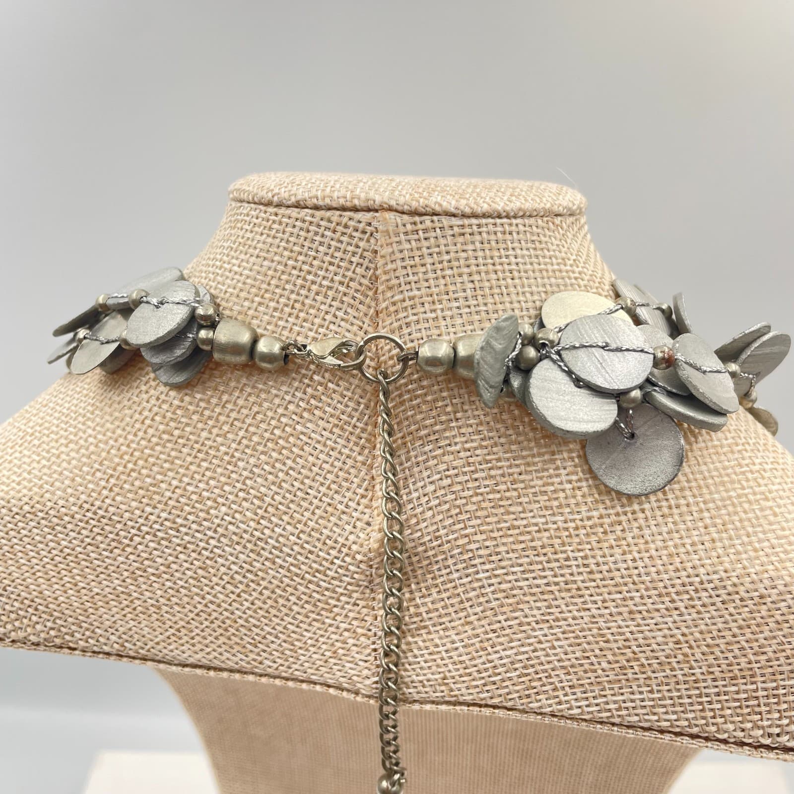 Vintage Statement Multi Strand Silver Coin Necklace Bohemian Layered Shell Disk - Thumbnail 6