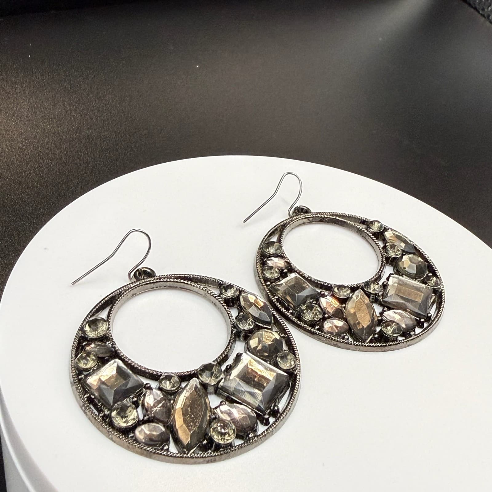 Vintage Gray Black Stones Silver-Toned Fashion Retro Drop Hoop Hook Earrings - Thumbnail 3