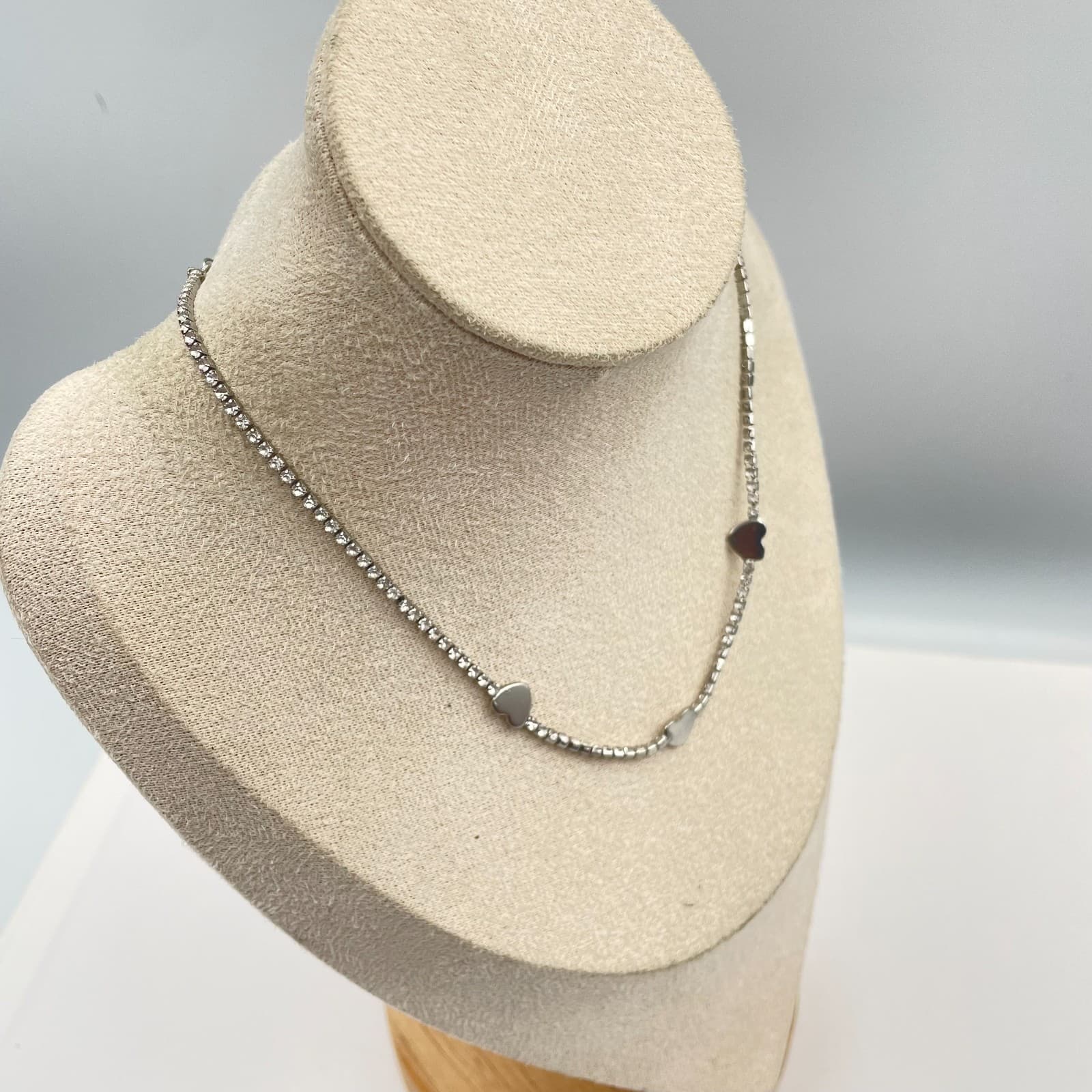 Vtg Silver Rhinestone Heart Tennis Necklace Choker Adjustable Crystal Prom Gift - Thumbnail 3