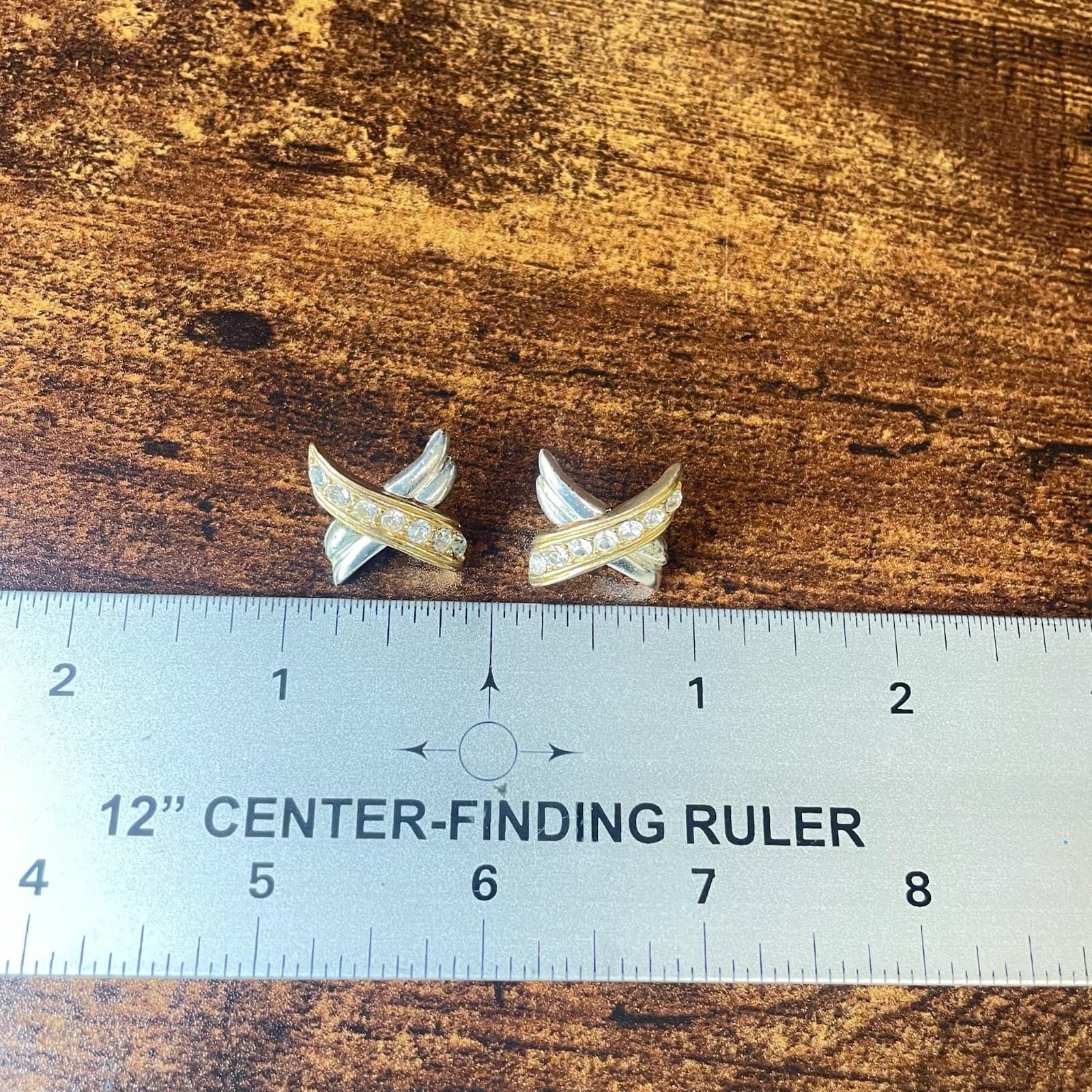 Vintage VTG Crisscross X Hugs Kisses Stud Earrings Two Tone Clear Rhinestone - Thumbnail 2