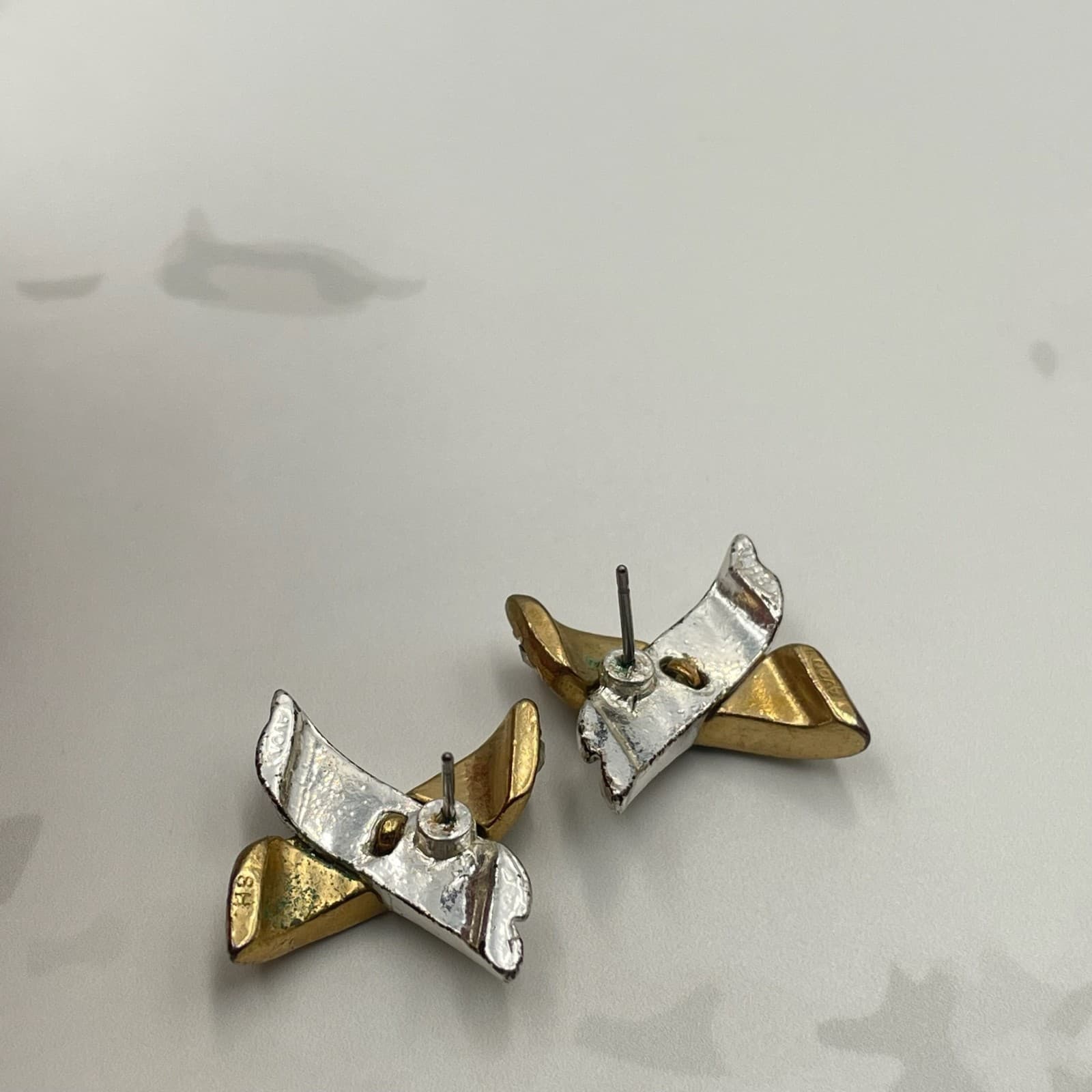 Vintage VTG Crisscross X Hugs Kisses Stud Earrings Two Tone Clear Rhinestone - Thumbnail 5