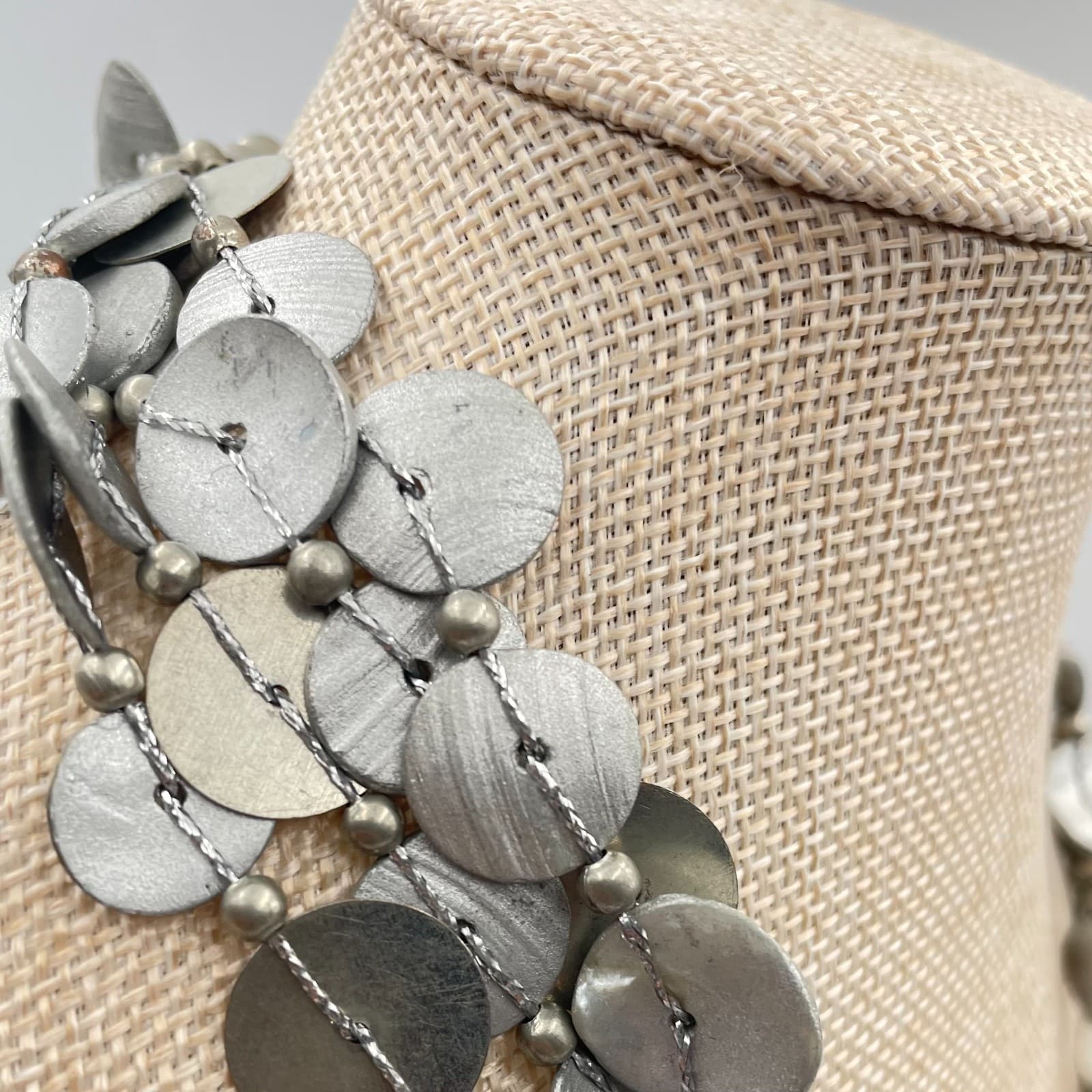 Vintage Statement Multi Strand Silver Coin Necklace Bohemian Layered Shell Disk - Thumbnail 5