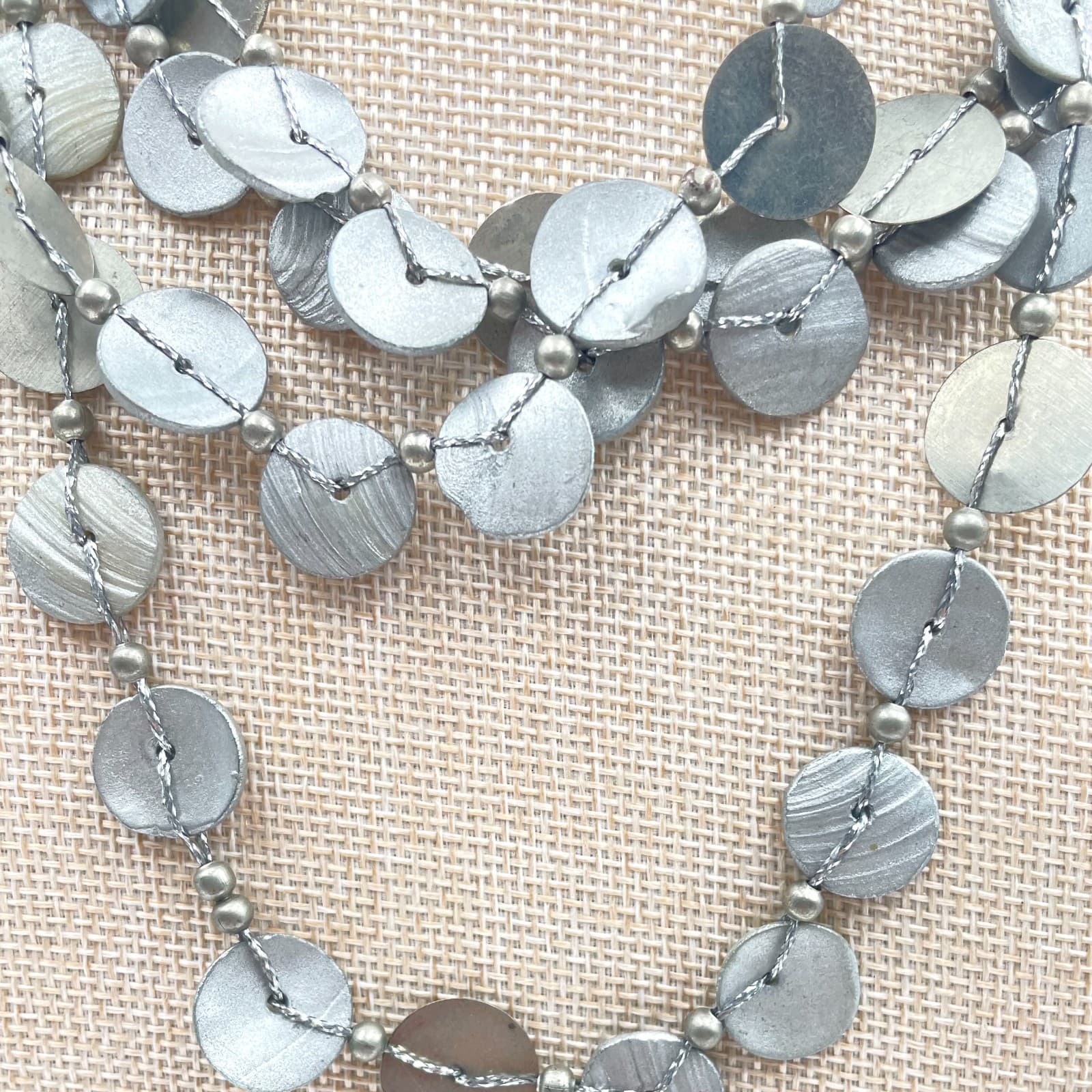 Vintage Statement Multi Strand Silver Coin Necklace Bohemian Layered Shell Disk - Thumbnail 3