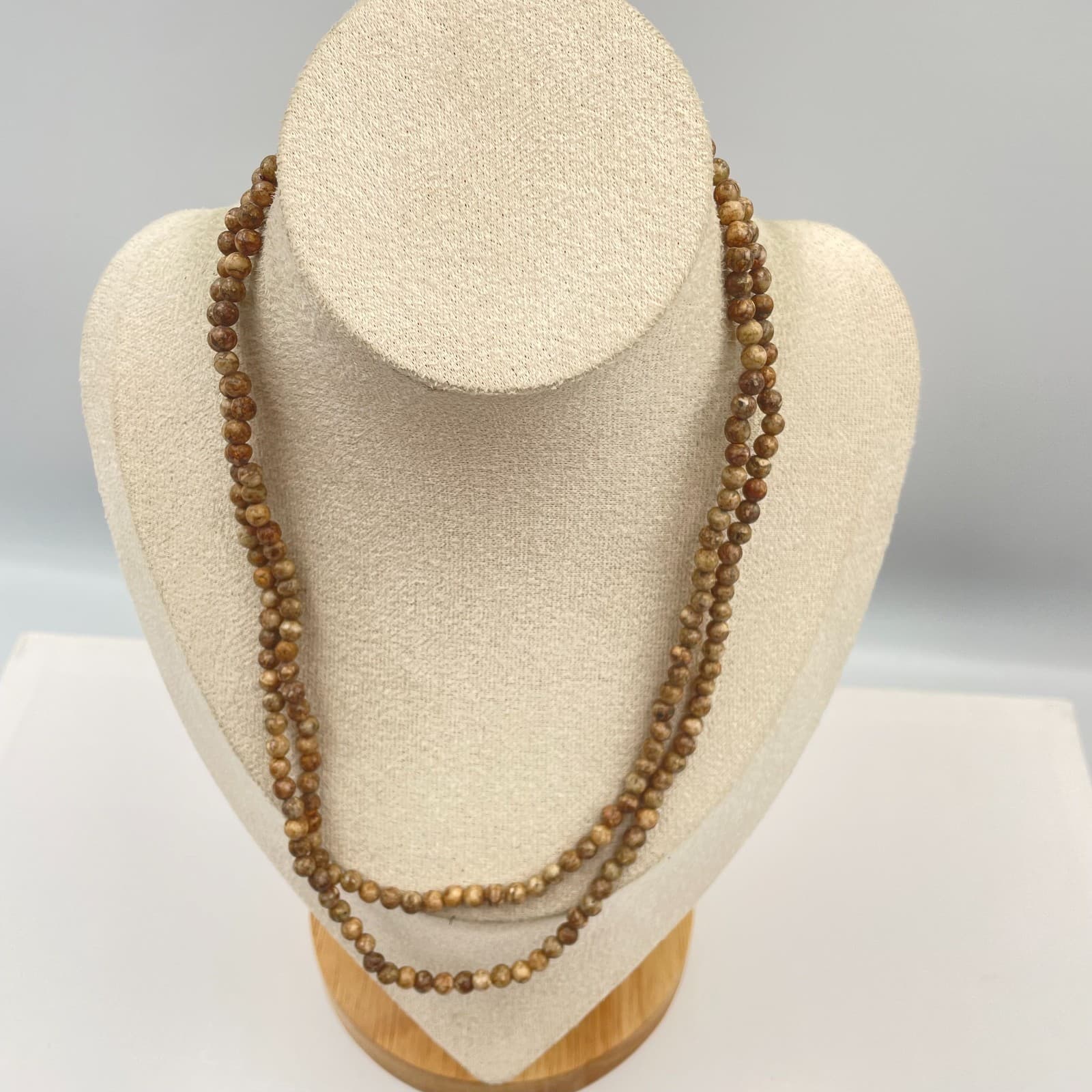 Vtg Natural Picture Jasper Bead Necklace Long Tan Brown Earth Tone Stone Strand - Image 1