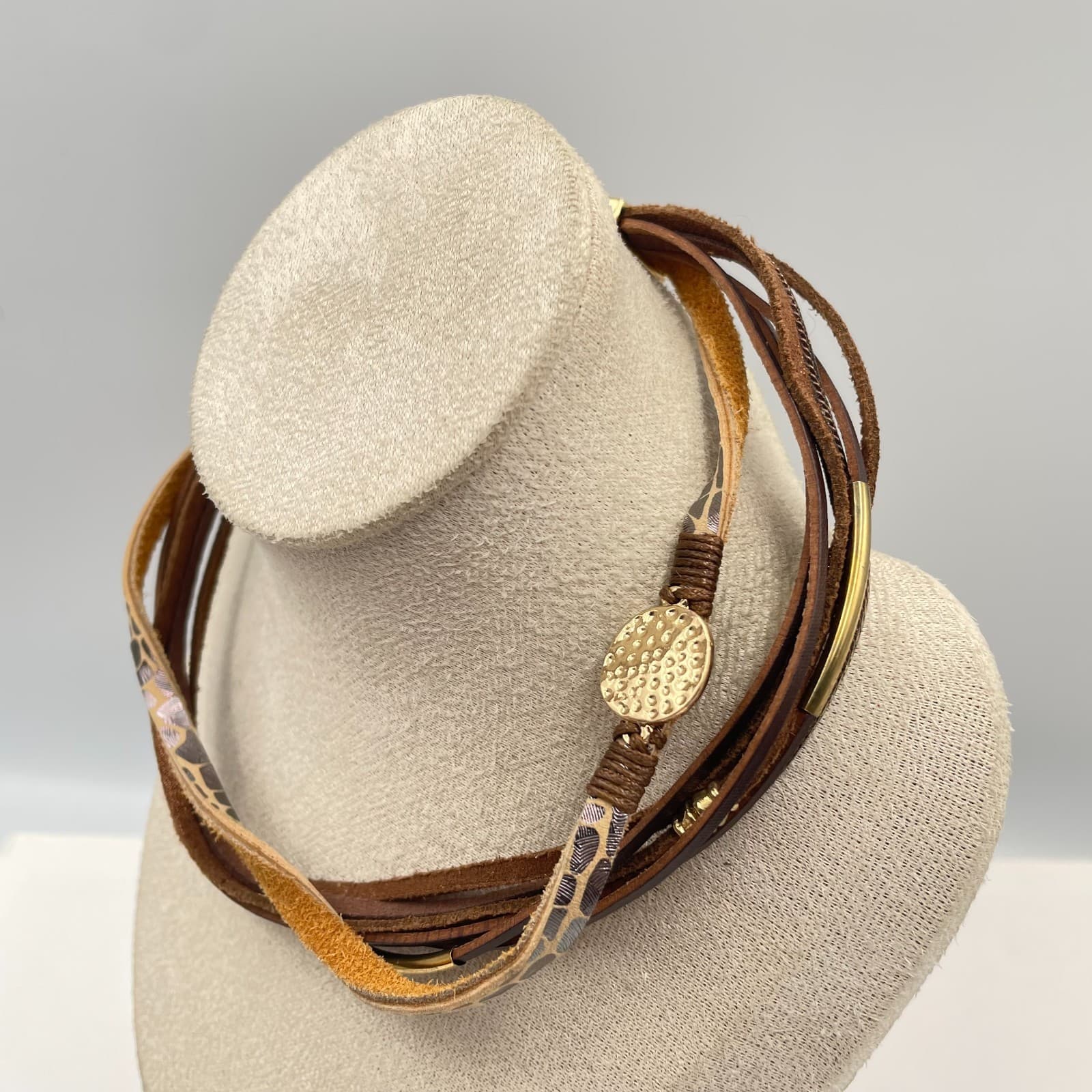 Vintage Boho Leather Wrap Bracelet Multi Strand Animal Magnetic Clasp Gold Tone - Thumbnail 3