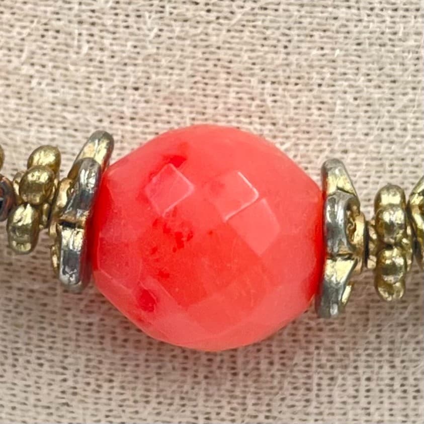 Vintage Coral Pink Beaded Necklace Gold Tone Filigree Accents Boho Statement - Thumbnail 3