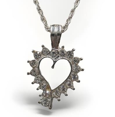 Vintage Silver Rhinestone Heart Pendant Necklace Dainty Sparkle 20in - Image 1