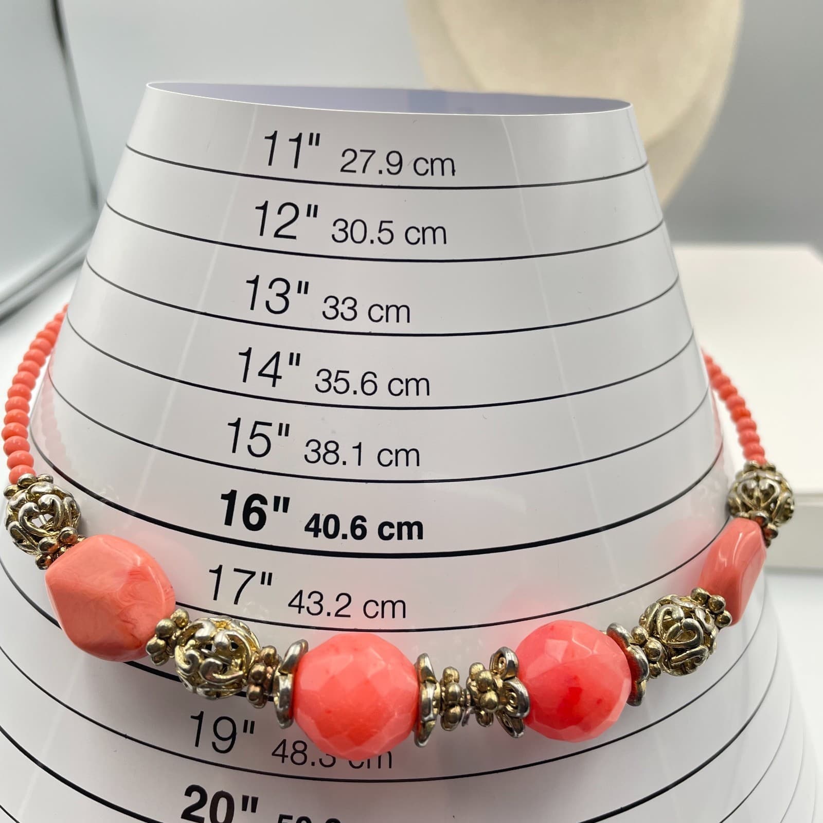 Vintage Coral Pink Beaded Necklace Gold Tone Filigree Accents Boho Statement - Thumbnail 7