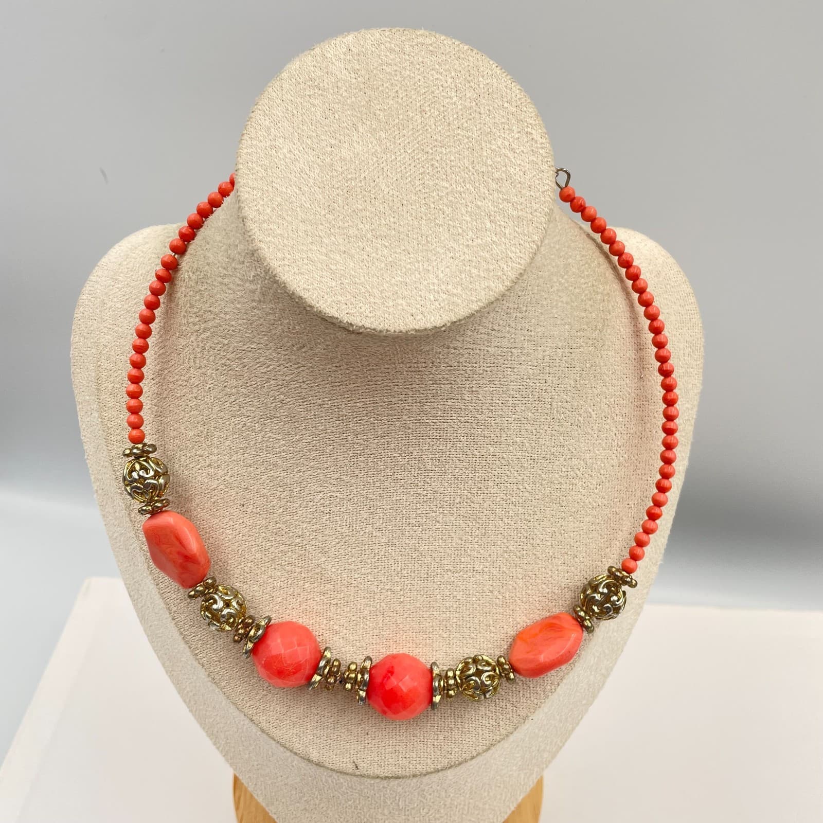 Vintage Coral Pink Beaded Necklace Gold Tone Filigree Accents Boho Statement - Image 1