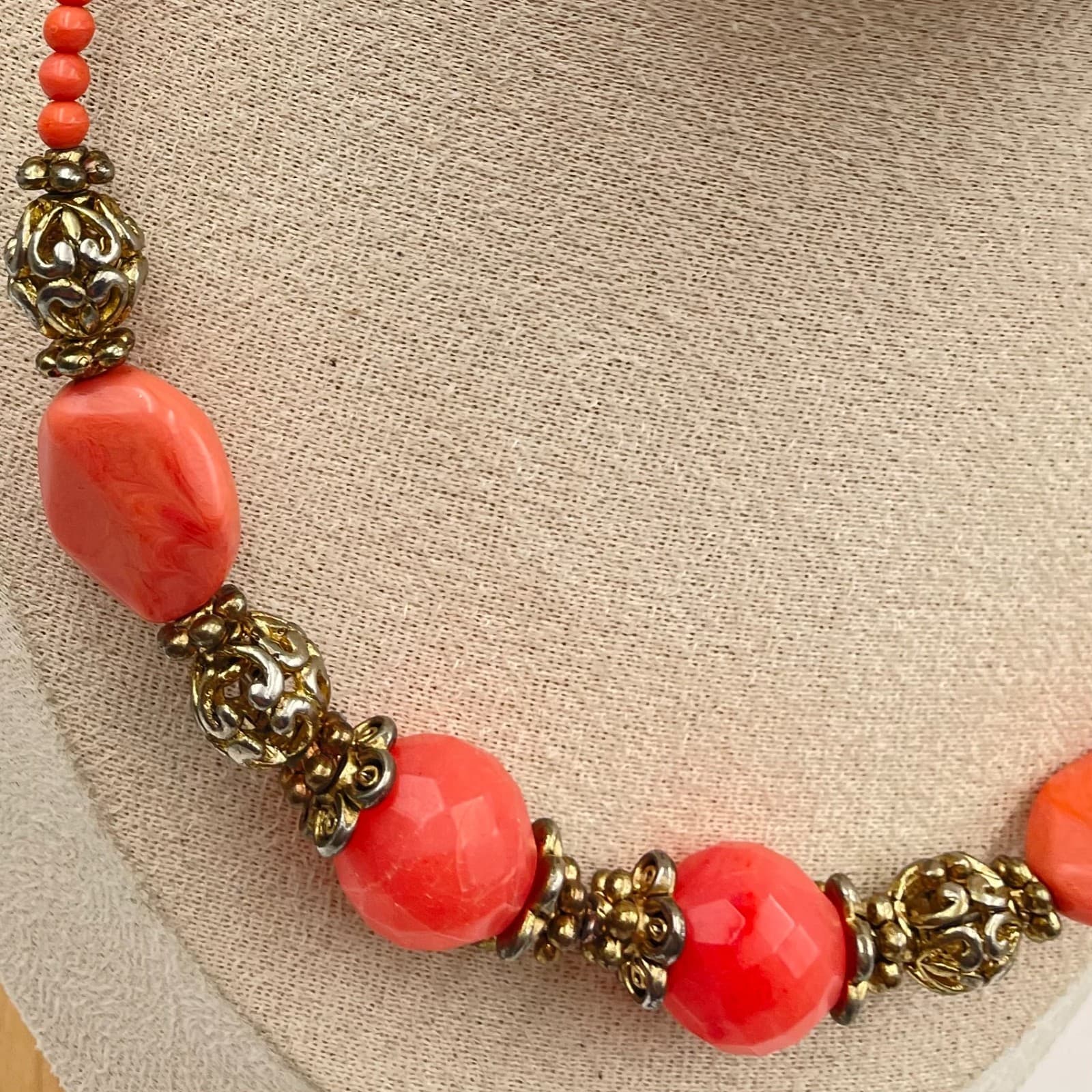 Vintage Coral Pink Beaded Necklace Gold Tone Filigree Accents Boho Statement - Thumbnail 2