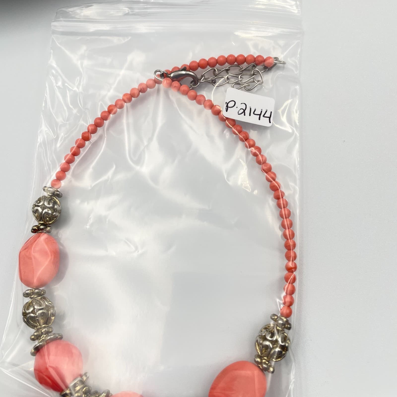 Vintage Coral Pink Beaded Necklace Gold Tone Filigree Accents Boho Statement - Thumbnail 8
