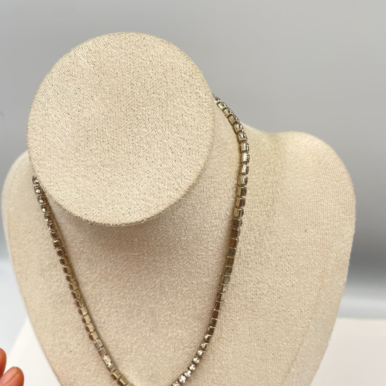 Vintage Silver Tone Clear Rhinestone Tennis Necklace Choker Adjustable - Thumbnail 3