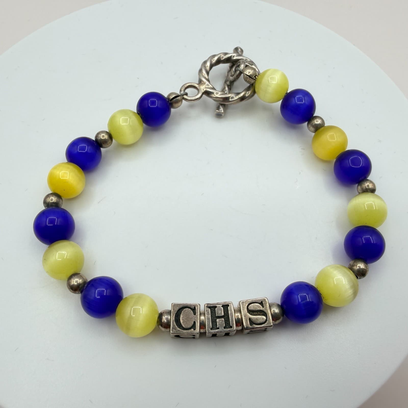 Vintage Y2K Women Silver Tone Toggle Cat Eye Bead CHS Alphabet Bracelet Jewelry - Image 1