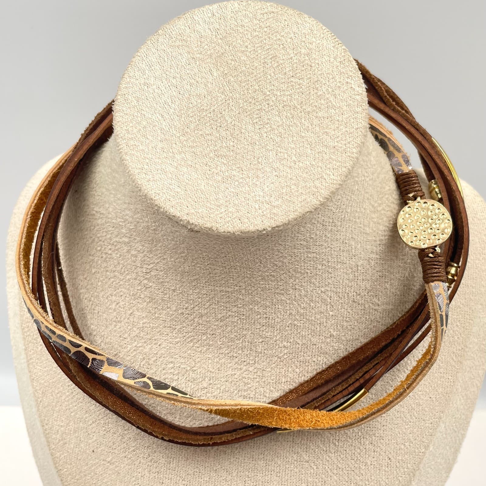 Vintage Boho Leather Wrap Bracelet Multi Strand Animal Magnetic Clasp Gold Tone - Image 1