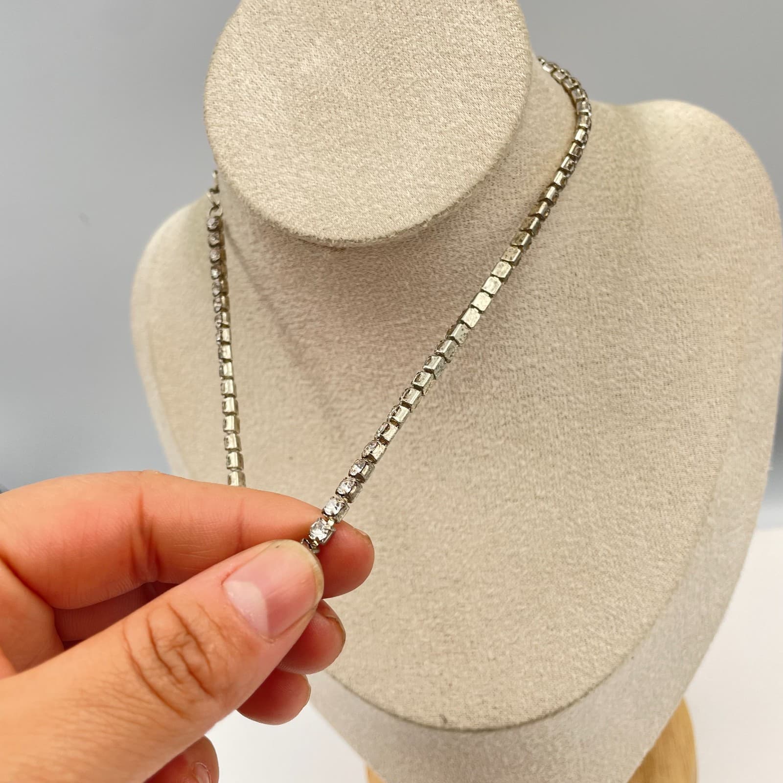 Vintage Silver Tone Clear Rhinestone Tennis Necklace Choker Adjustable - Thumbnail 2