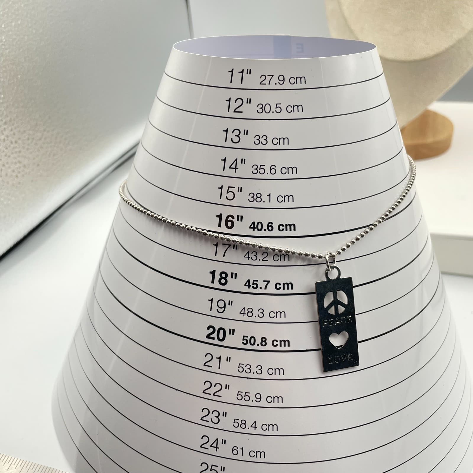 Vintage Peace Love Necklace Silver Tone Ball Bead Chain Rectangular Pendant - Thumbnail 8