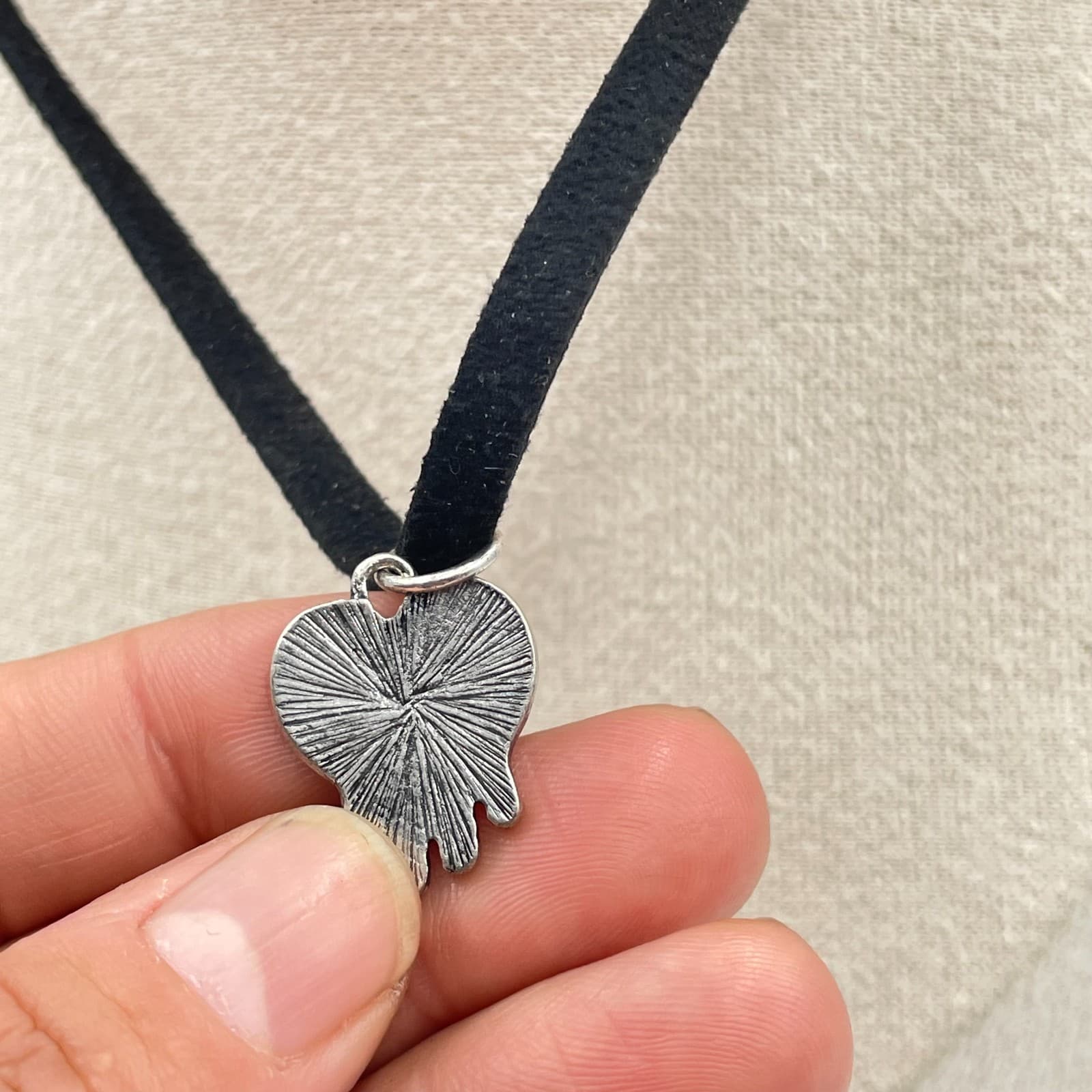 Dripping Blood Heart Choker Necklace Red Enamel Silver Pendant Goth Emo Suede - Thumbnail 5