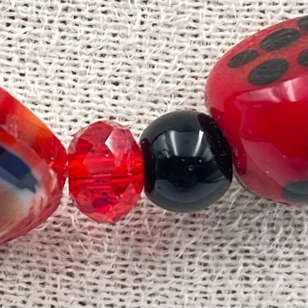 Vintage Art Glass Ladybug Necklace Lampwork Red Black Bead Choker Whimsical - Thumbnail 2