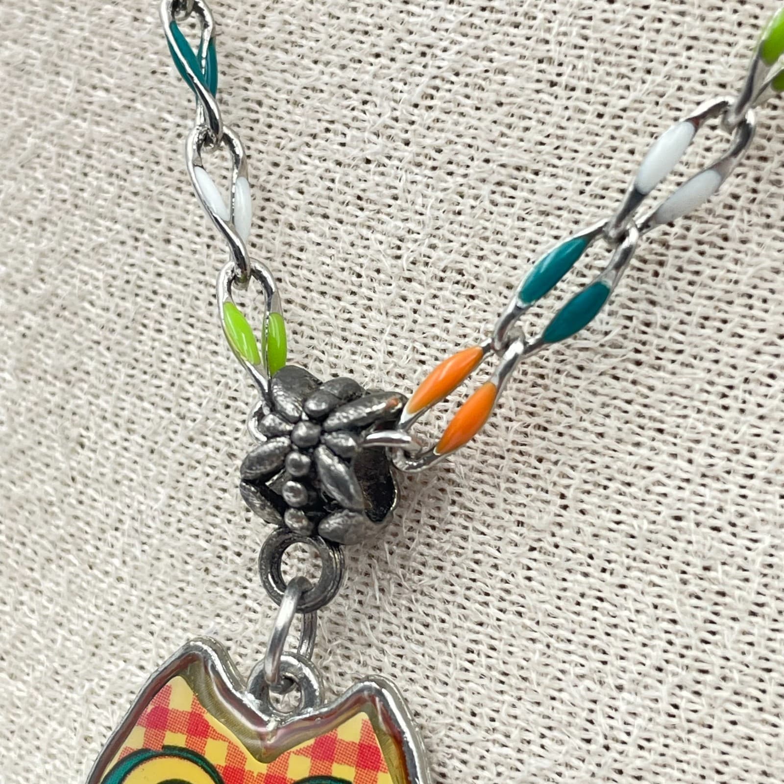 Vintage Colorful Owl Pendant Necklace Enamel Multi Chain Boho Whimsical Jewelry - Thumbnail 5