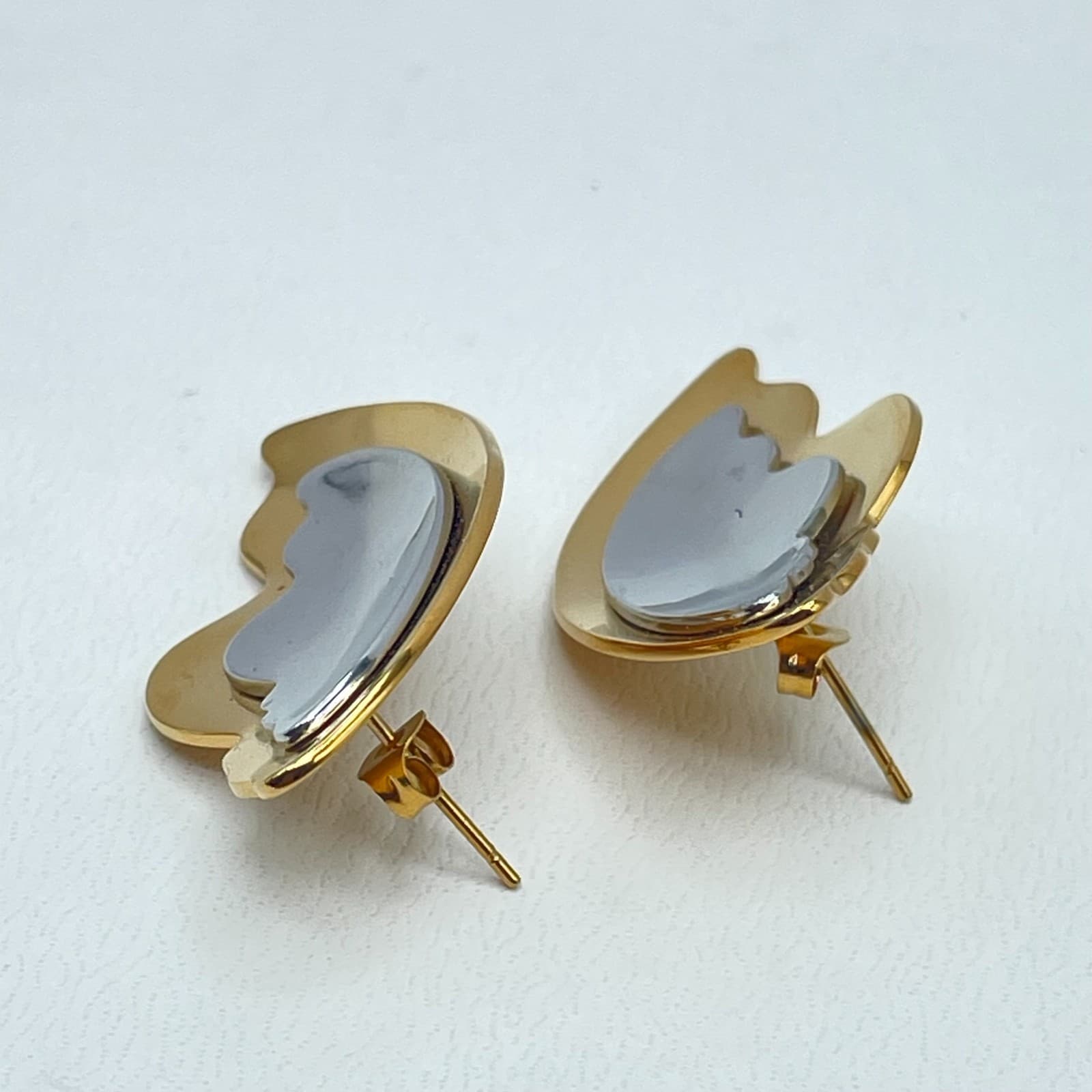 Modern 20s 80R Gold Tone Abstract Wave Geometric Statement Earrings Jewelry - Thumbnail 2