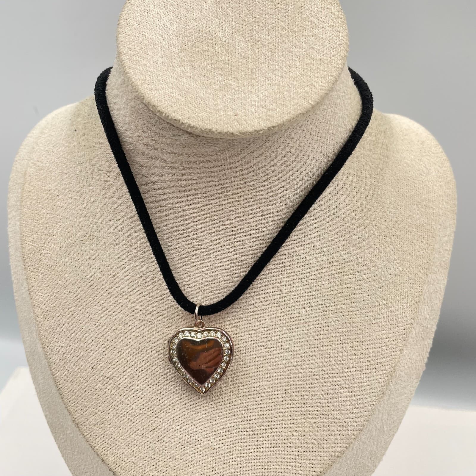 Vintage Silver Heart Locket Choker Necklace Rhinestone Crystal Black Cord Y2K - Image 1