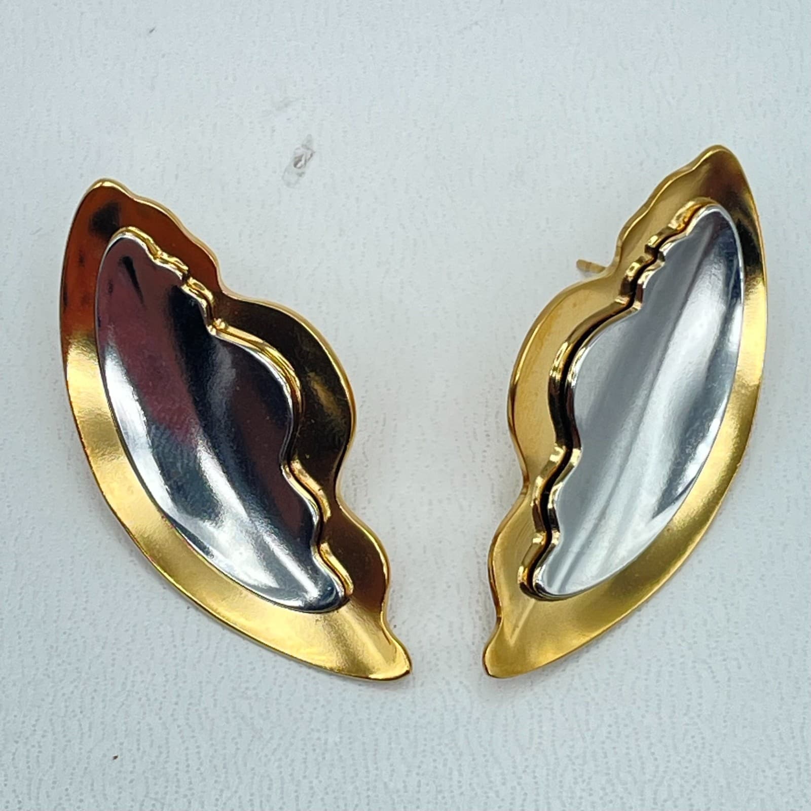 Modern 20s 80R Gold Tone Abstract Wave Geometric Statement Earrings Jewelry - Thumbnail 3