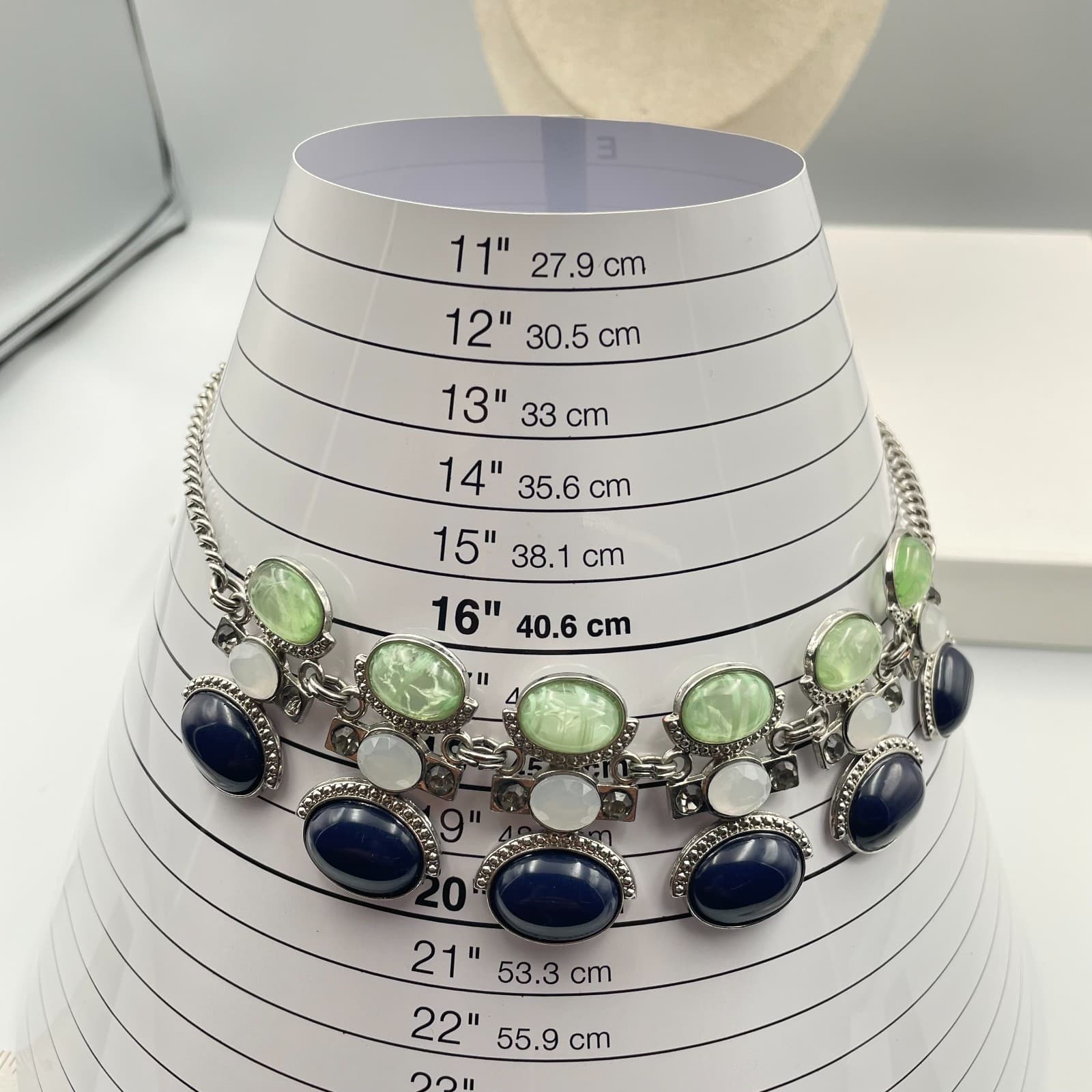 Vintage New York Necklace Silver Tone Blue Green White Cabochon Statement Bib - Thumbnail 9