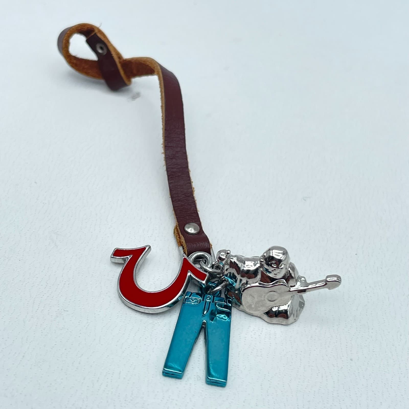 Vintage Y2K Religion Brown Leather Keychain Buddha Horseshoe Logo Charms Jewelry - Image 1