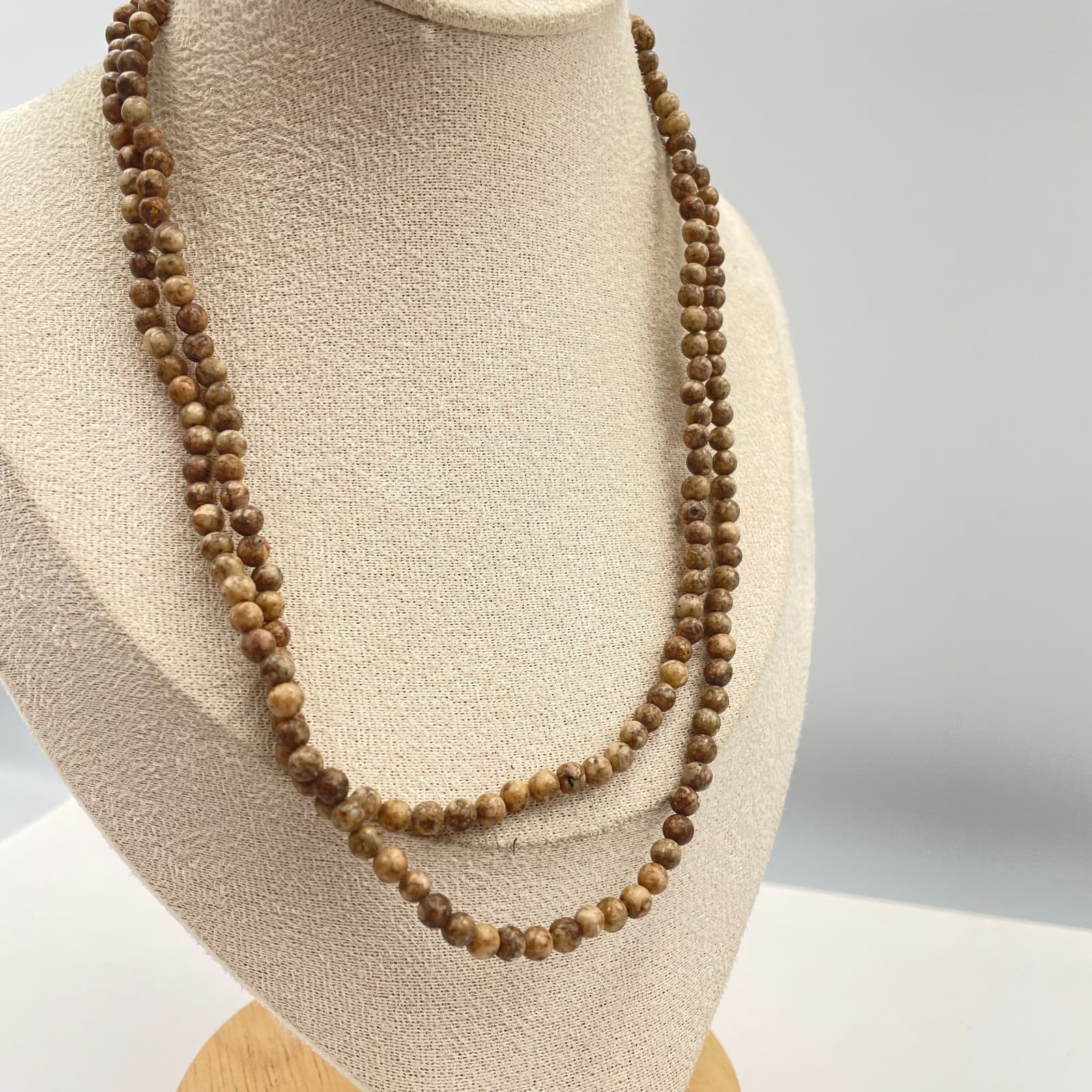 Vtg Natural Picture Jasper Bead Necklace Long Tan Brown Earth Tone Stone Strand - Thumbnail 3