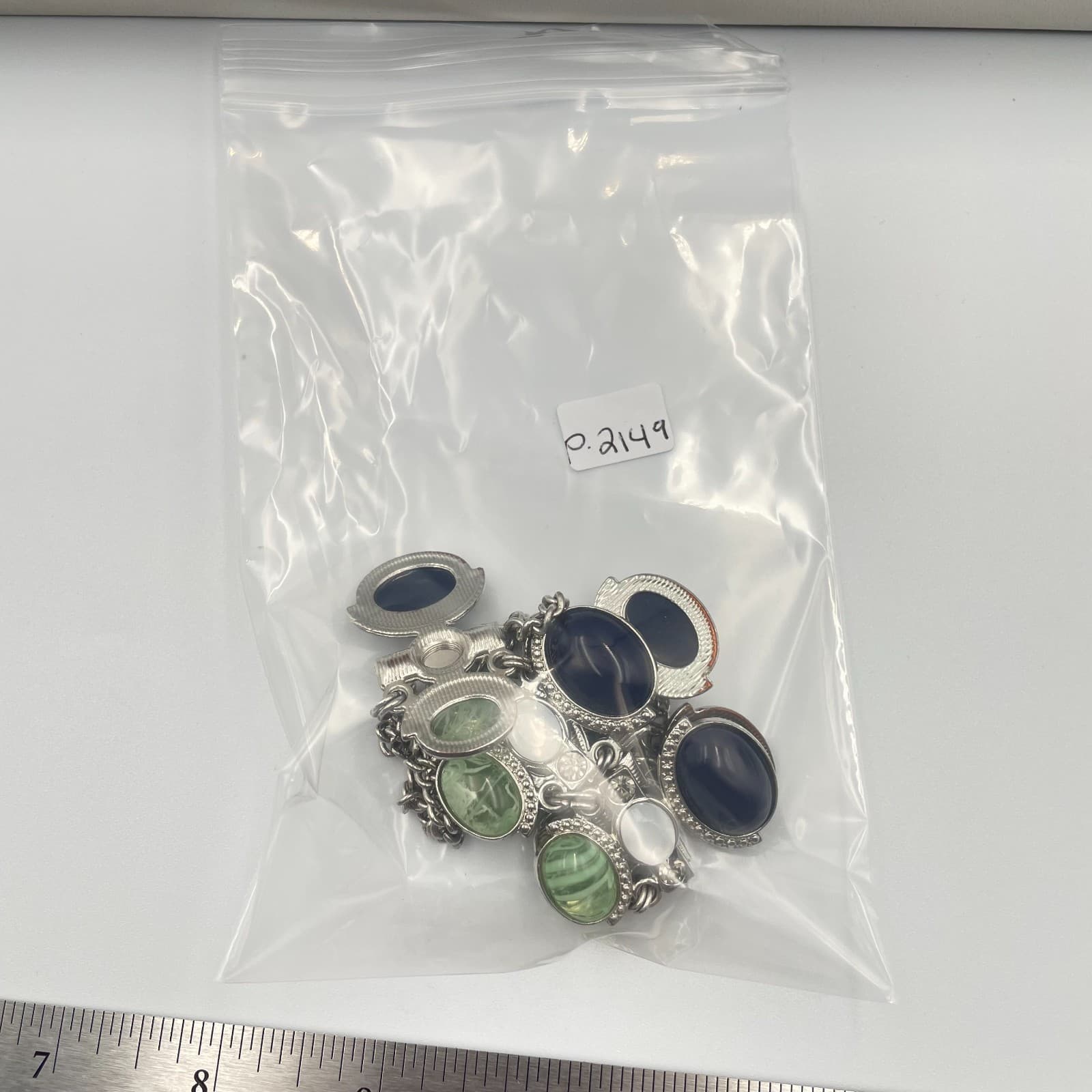 Vintage New York Necklace Silver Tone Blue Green White Cabochon Statement Bib - Thumbnail 10