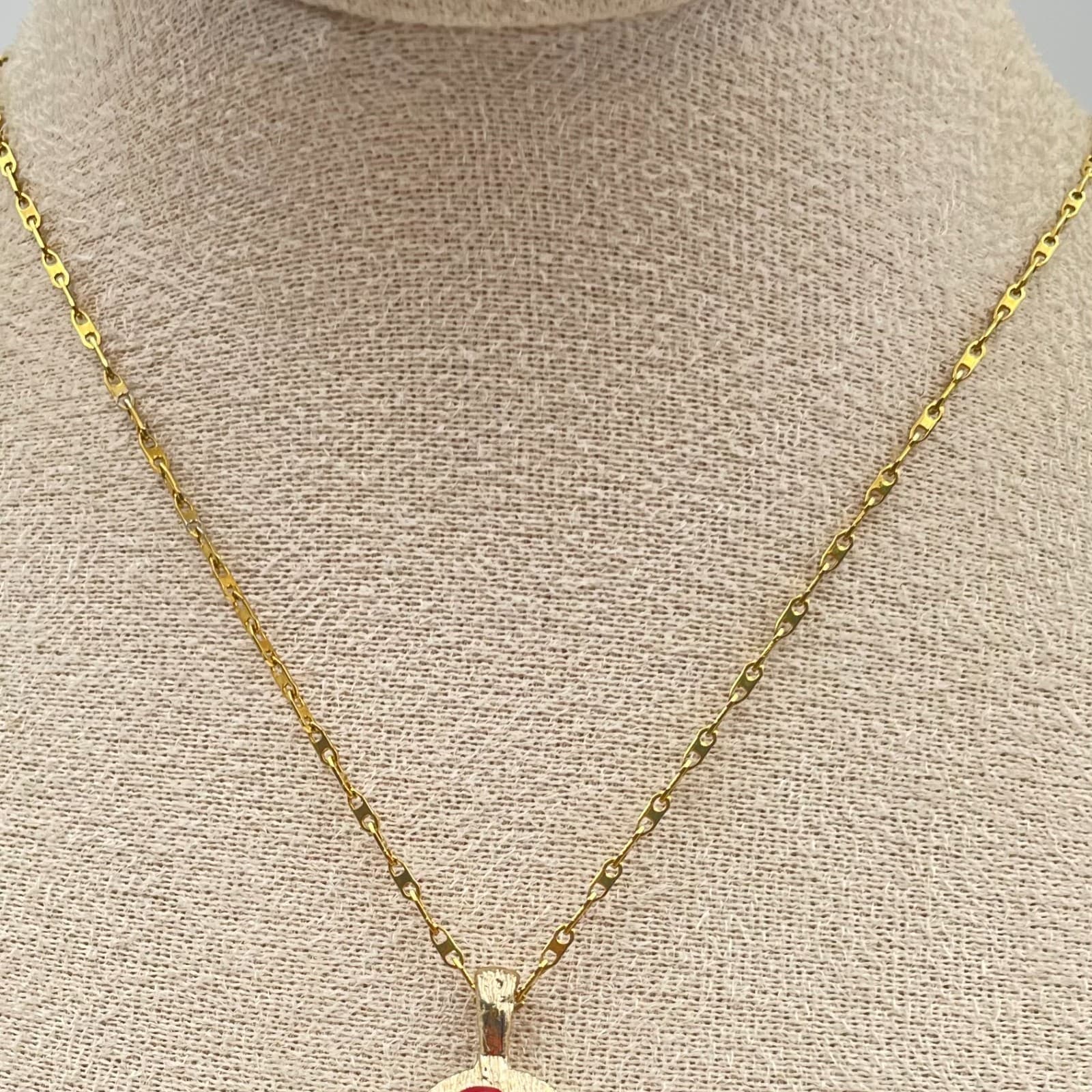 Vintage Gold Tone Red Enamel Rose Pendant Necklace 20" Oval Flower Jewelry Gift - Thumbnail 2