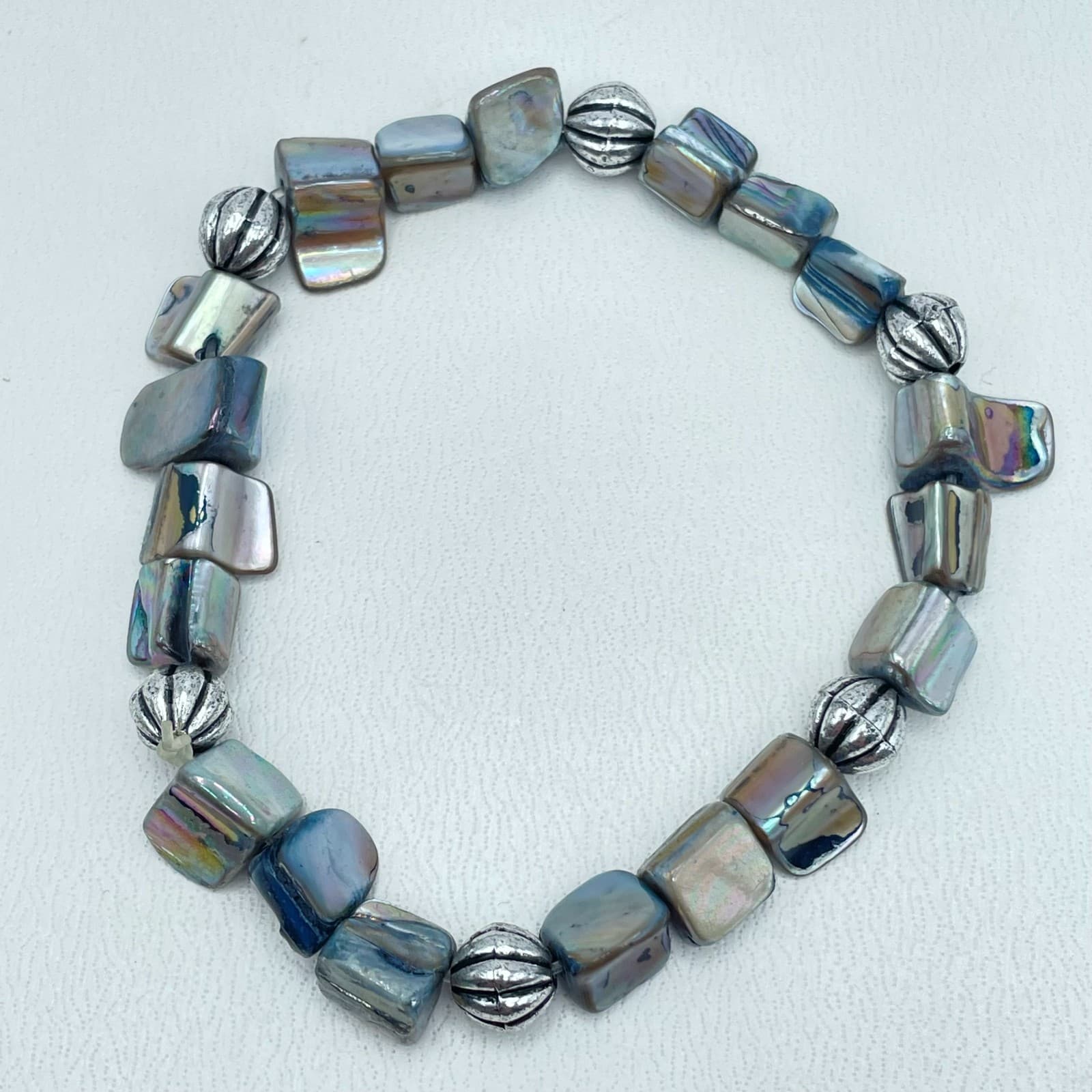 Vintage Y2K Abalone Shell Bracelet Silver Tone Beaded Boho Statement Jewelry - Image 1