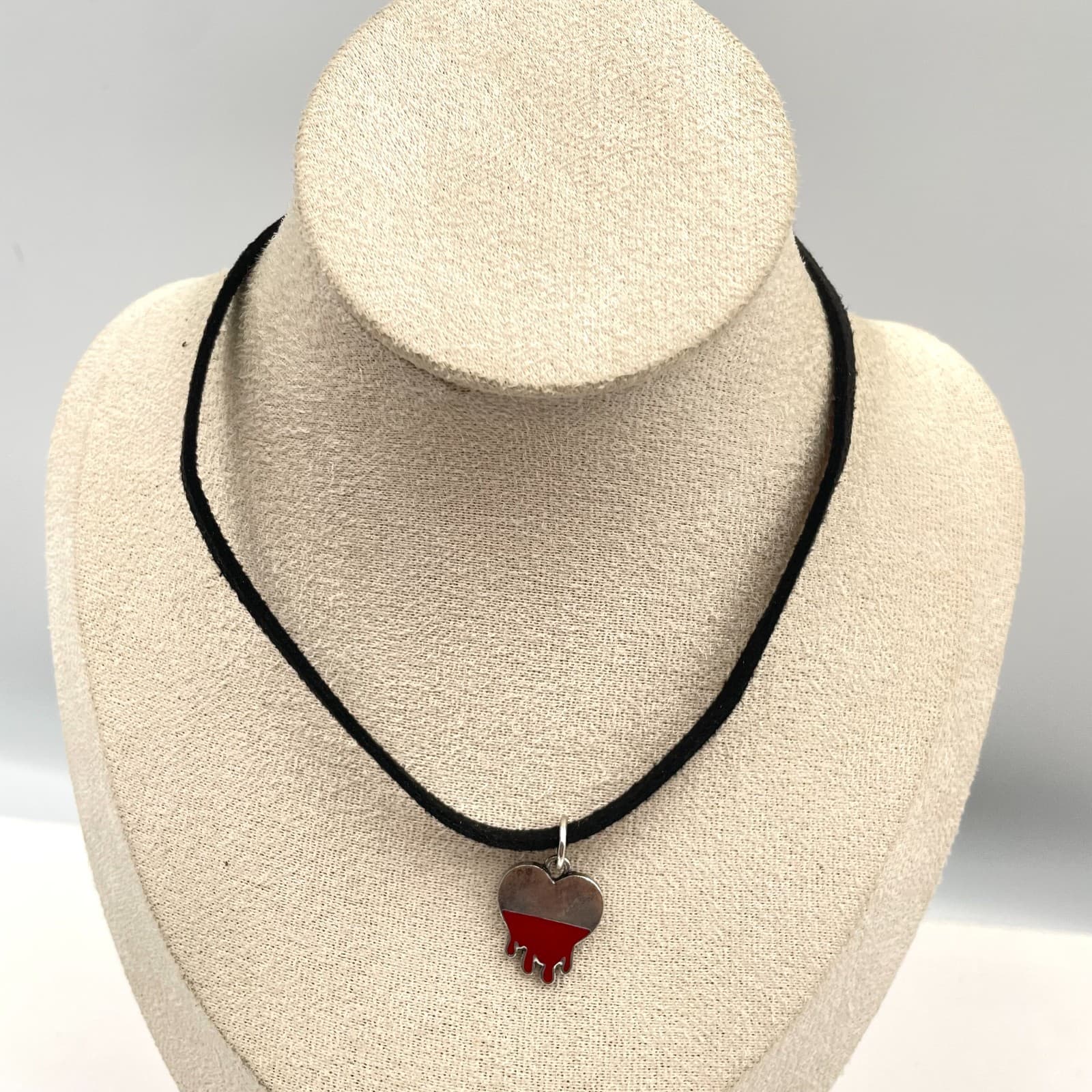Dripping Blood Heart Choker Necklace Red Enamel Silver Pendant Goth Emo Suede - Thumbnail 2