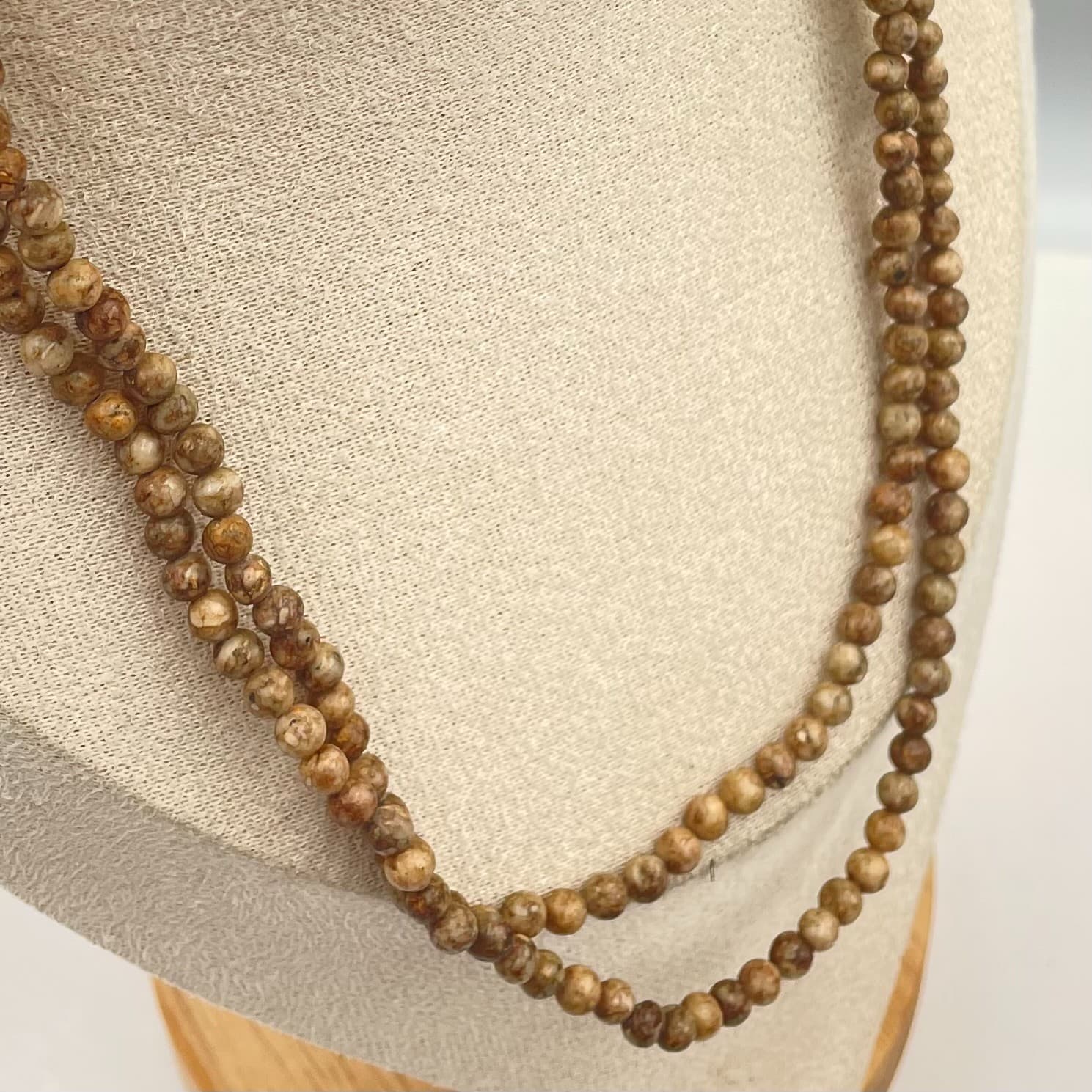 Vtg Natural Picture Jasper Bead Necklace Long Tan Brown Earth Tone Stone Strand - Thumbnail 2