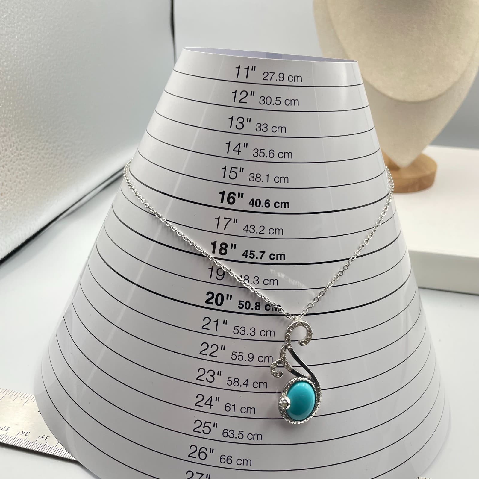 Vintage Silver Tone Turquoise Cabochon Scroll Pendant Necklace Blue Stone - Thumbnail 9